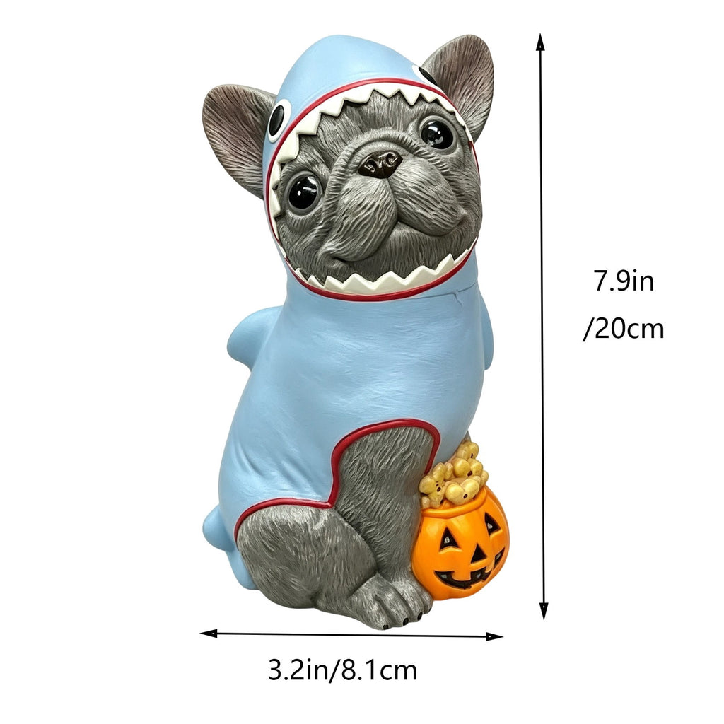 Gray Frenchie in Shark Costume Blow Mold, Halloween French Bulldog Statue with Light Up Pumpkin Decor, Cute Resin Outdoor Indoor Tabletop Dog Ornament, Entryway Patio Yard Decoration, 8"