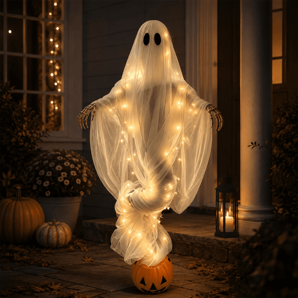 Swirling Ghost Pumpkin Yard Lamp, Lighted Spooky Ghost Statue, Warm LED Halloween Decorations Outdoor, Fall Autumn Garden Lawn Porch Pathway Ornament for Halloween Party Decoration