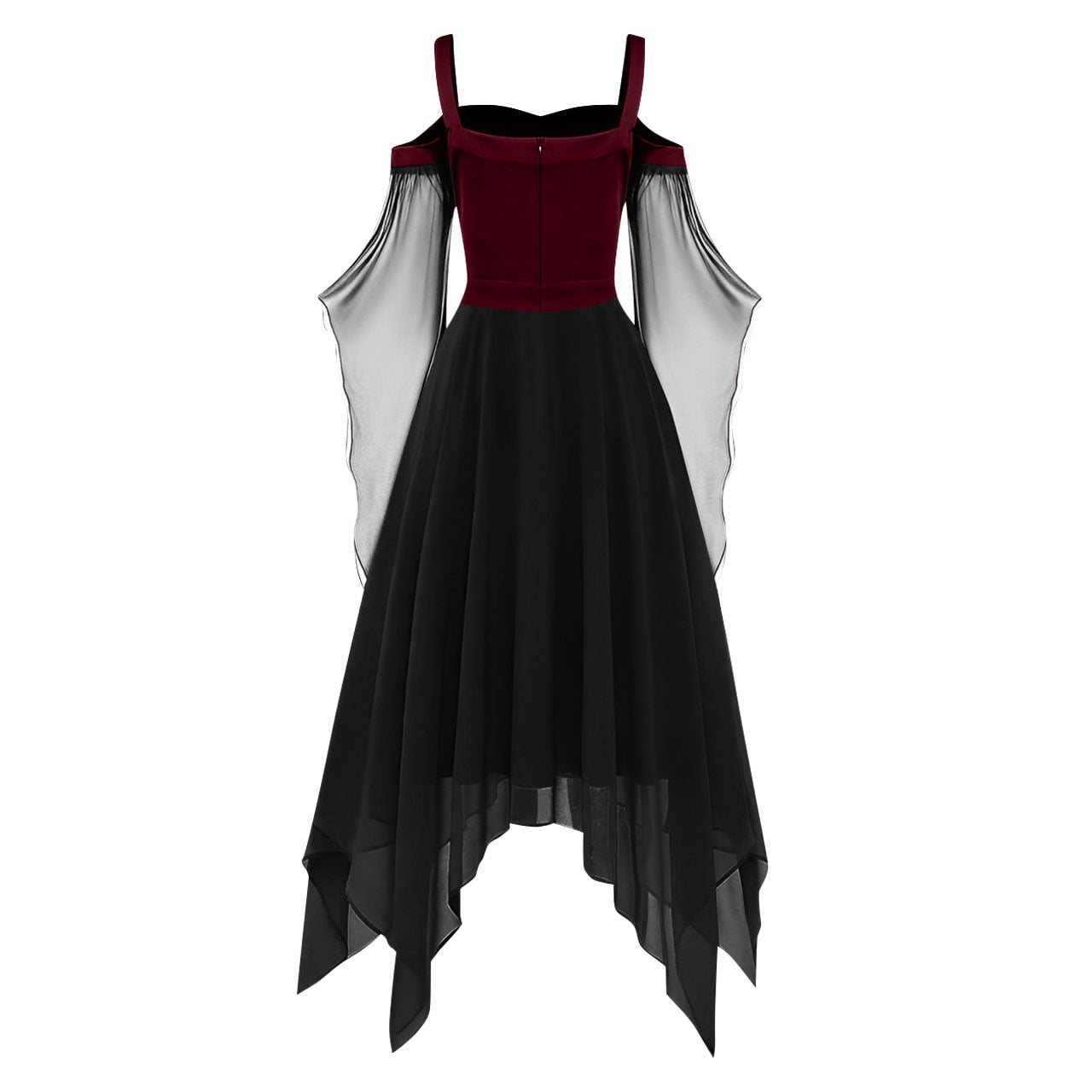 Women Gothic Cold Shoulder Midi Dress, Sheer Flare Bell Sleeve Front Corset Irregular Witch Costume Dress, Adult Halloween Dark Aesthetic Vintage Formal Evening Cosplay Party Outfit(Navy-2/M)