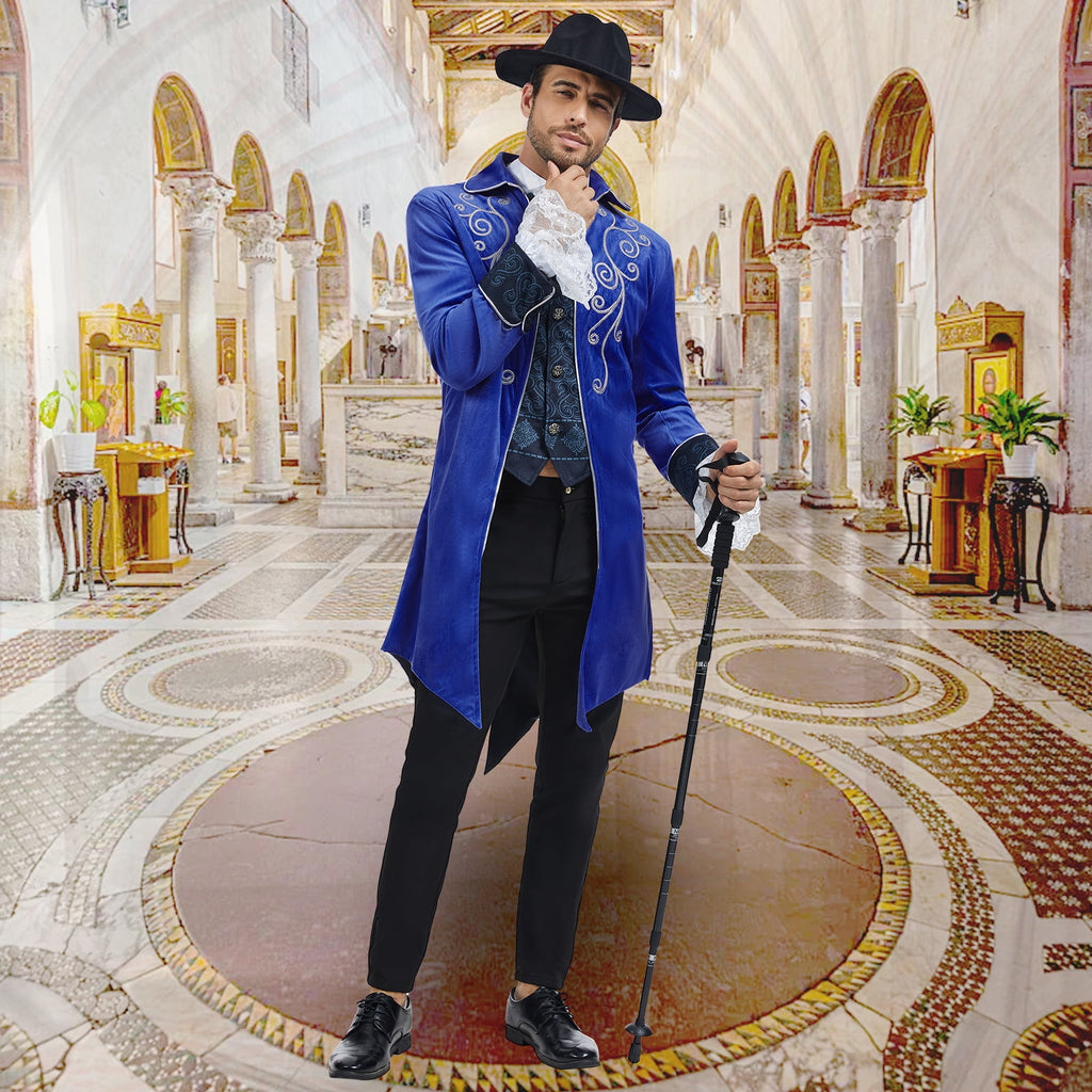 MYATED Medieval Steampunk Tailcoat for Men,Gothic Victorian Frock Coat Renaissance Pirate Jackets Halloween Party Cosplay Costumes,Blue,S