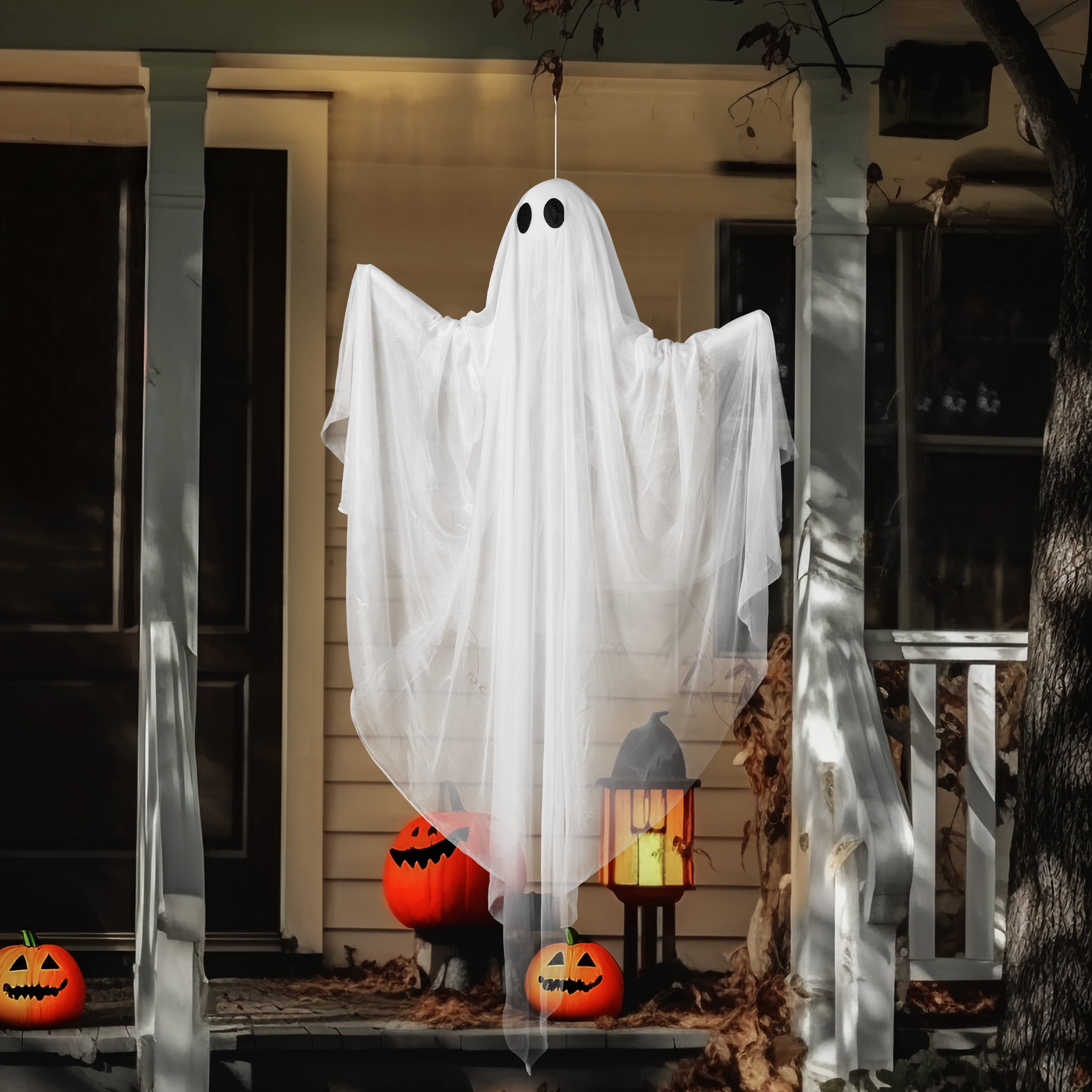 Joyfy 47" Halloween Hanging Light up Ghost Decorations Outdoor,White Ghosts with Blue LED Light and Timer Halloween Hanging Decoration Waterproof for Front Yard Patio Lawn