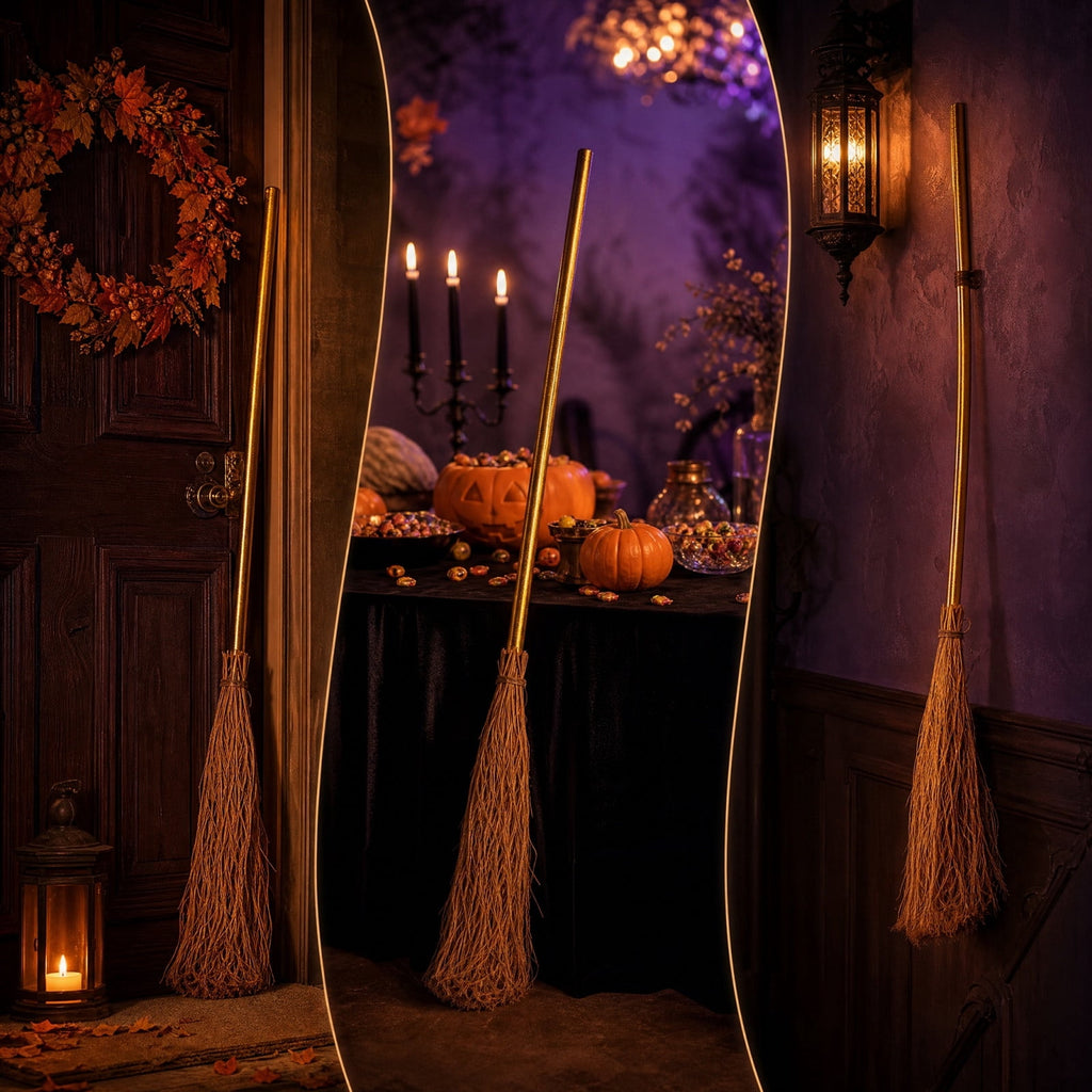 Halloween Witch Broom Cane with Ribbons, 38.2" Witches Broomstick for Wizard Costume Party, Photo Booth Accessory Stage Prop, Halloween Decoration, D