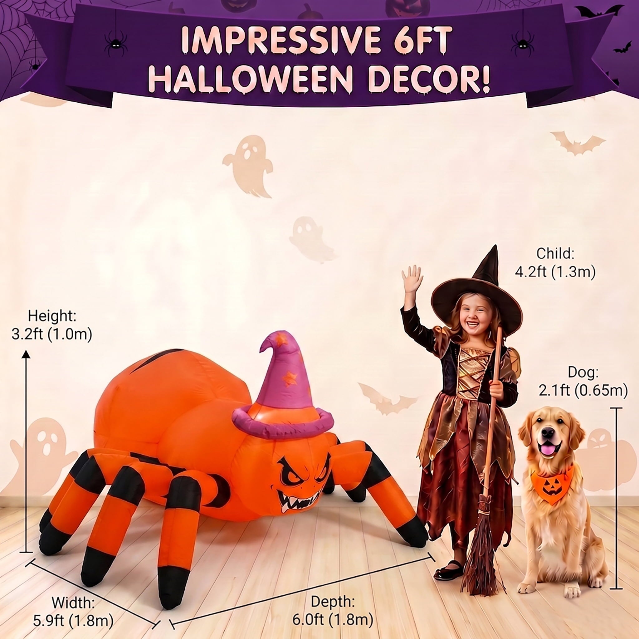 Glazina 6 FT Halloween Inflatable Pumpkin Spider with Witch Hat, Built-In LED Lights, Outdoor Halloween Blow Up Yard Decoration