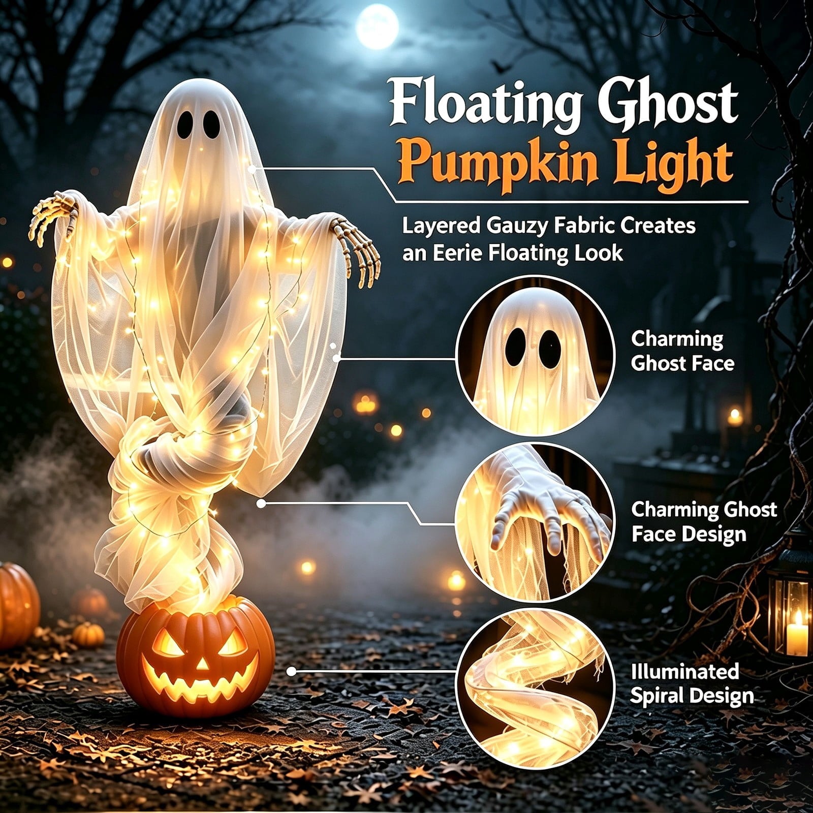 Halloween Light-Up Ghost Decorations Outdoor - 6.5 FT - 8 Sounds Gaint Hanging Swing Ghost Halloween Decoration, Spooky Cute Ghosts Decorations for Front Porch Yard Tree