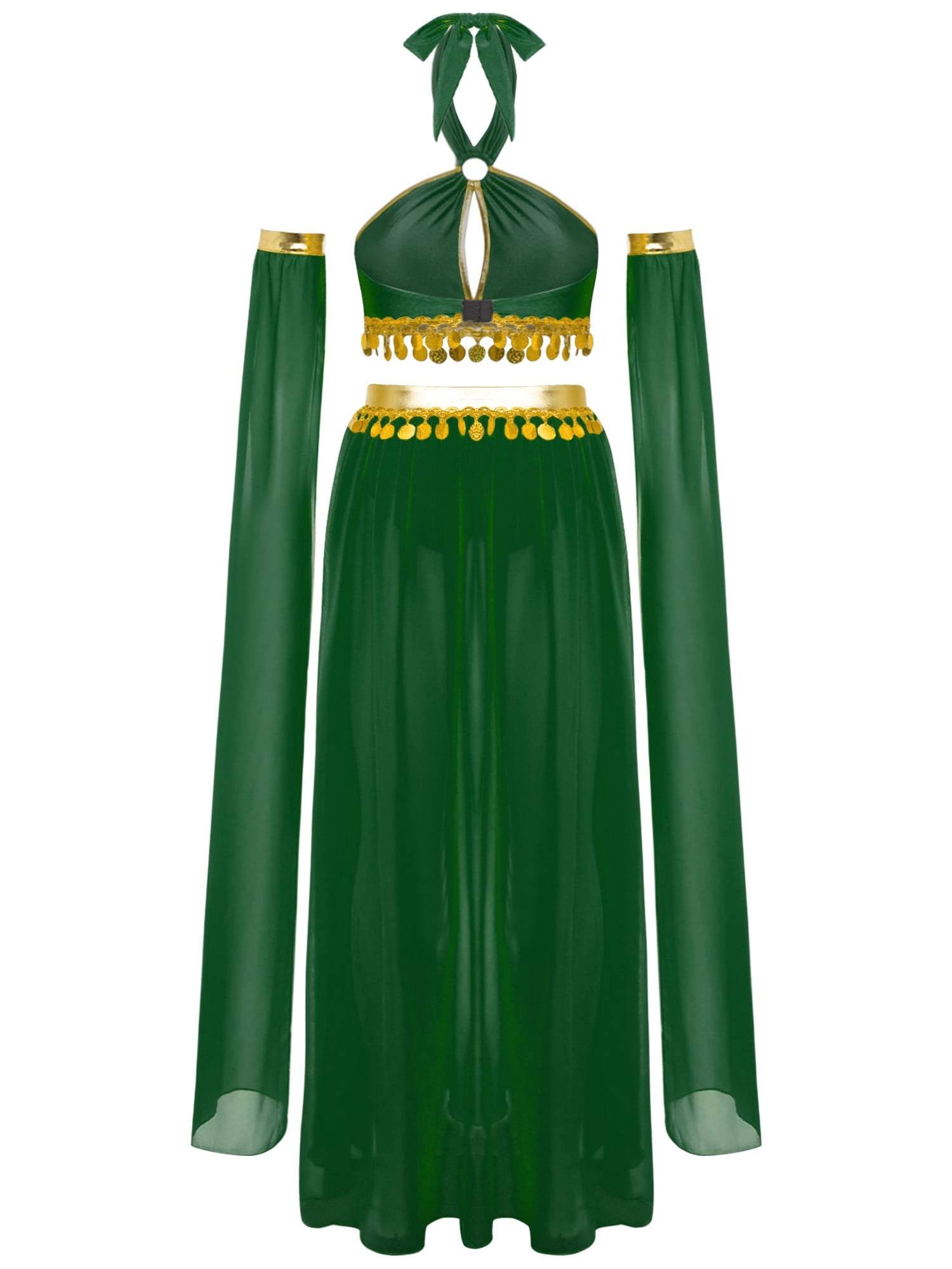iiniim Women Belly Dance Dress Arabian Greek Princess Halloween Costume Chiffon Skirts 4piece Outfit Green L