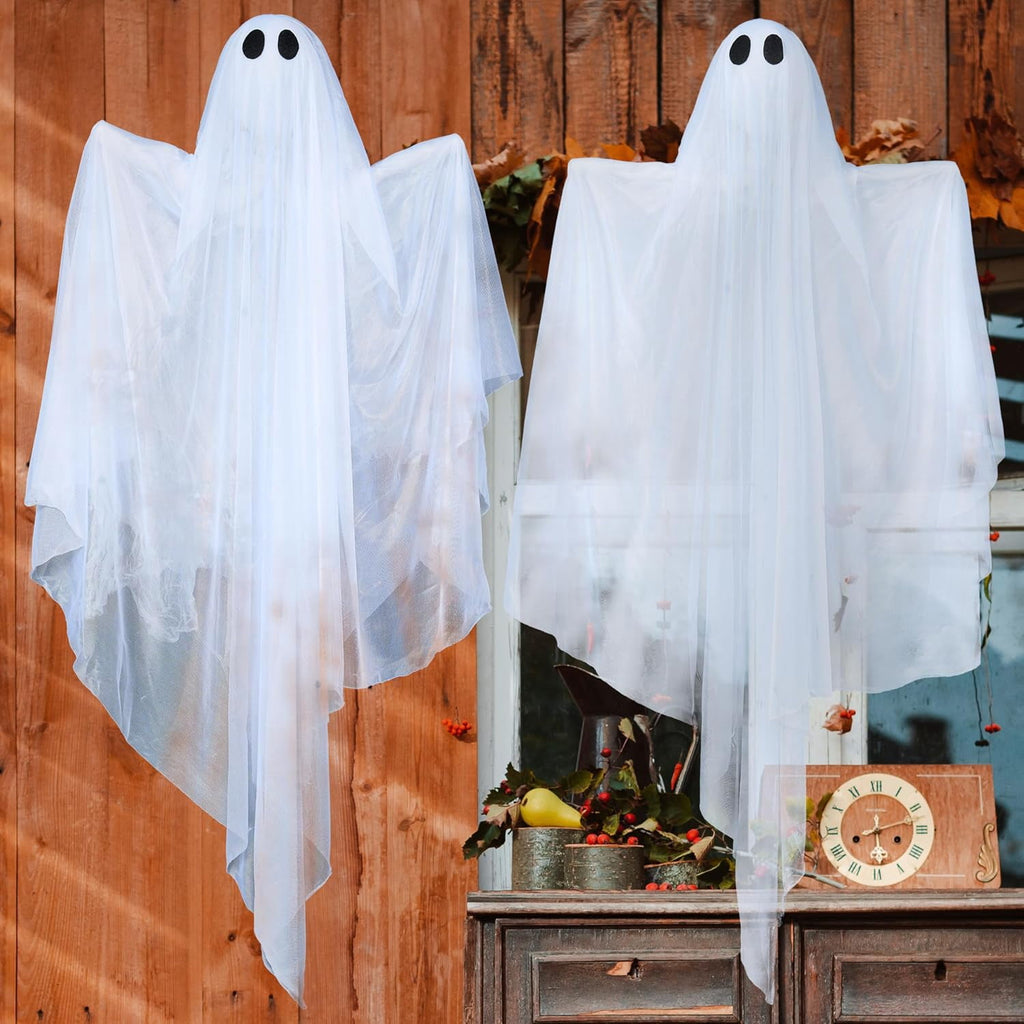 Joyfy 47" Halloween Hanging Light up Ghost Decorations Outdoor,White Ghosts with Blue LED Light and Timer Halloween Hanging Decoration Waterproof for Front Yard Patio Lawn