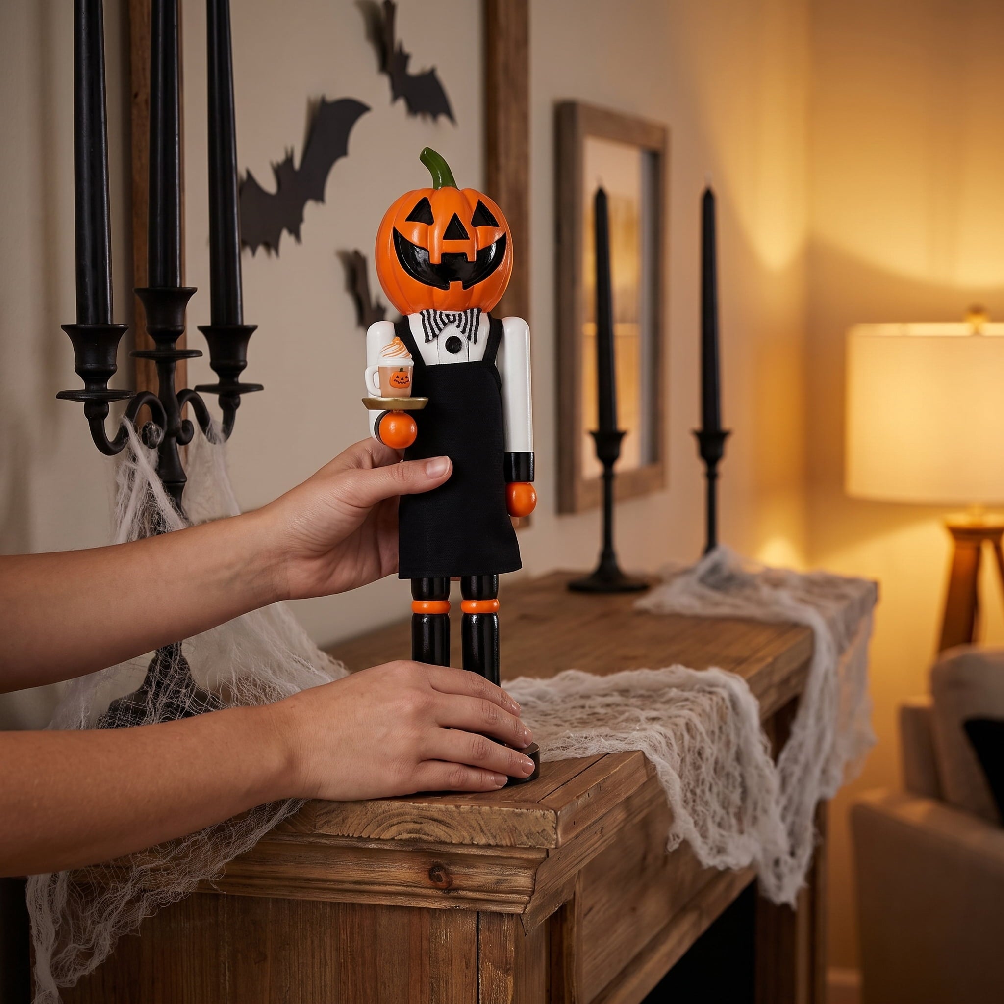 Wooden Pumpkin Nutcracker Tabletop Decoration, Multicolor, 15", Halloween by Way To Celebrate
