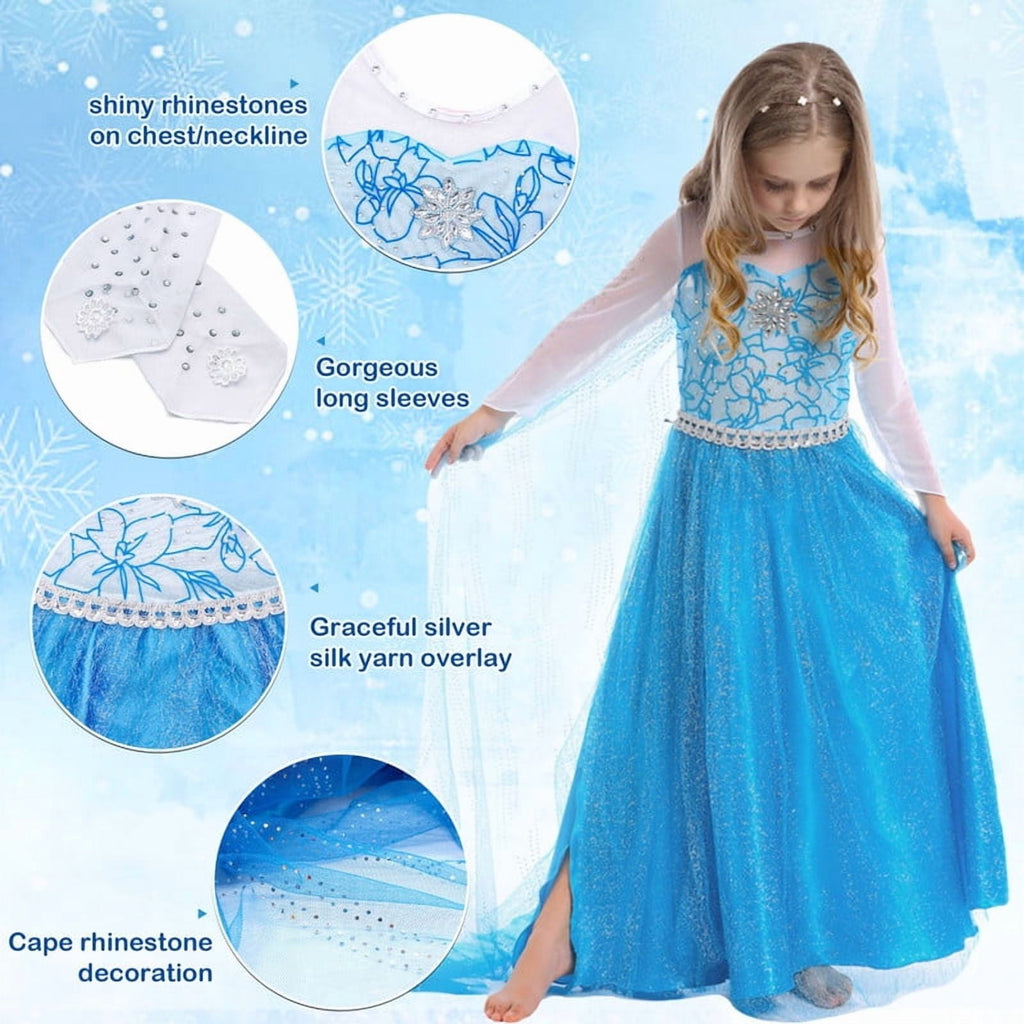 Jurebecia Princess Dress for Girls Birthday Party Blue Costume up Toddlers Kids Christmas Halloween Cosplay Clothes with Accessories 6T(5-6Years)