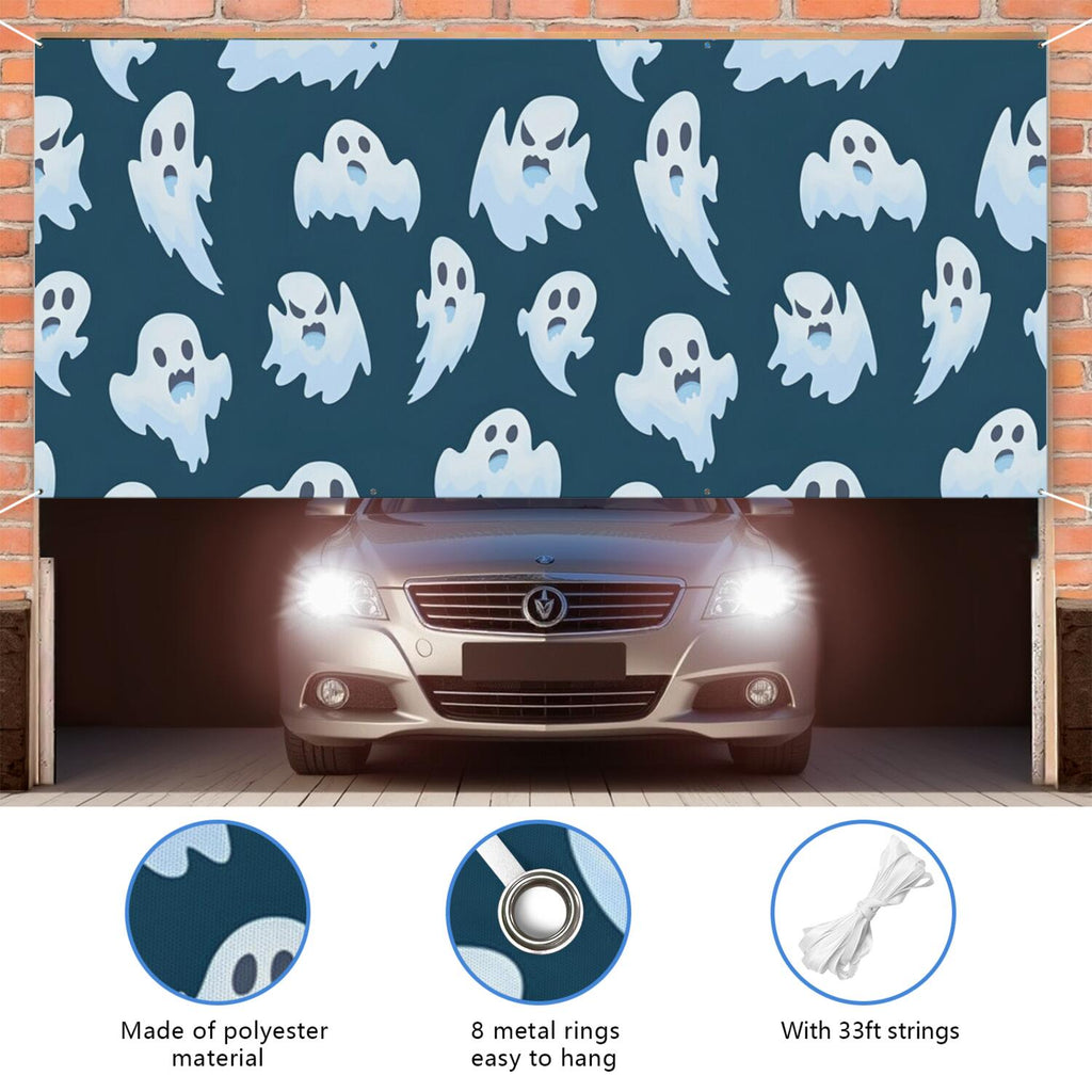 Halloween Garage Door Cover - 13x6ft Spooky Ghost Pumpkin Skull Witch Black Cat Polyester Backdrop for Outdoor Decor