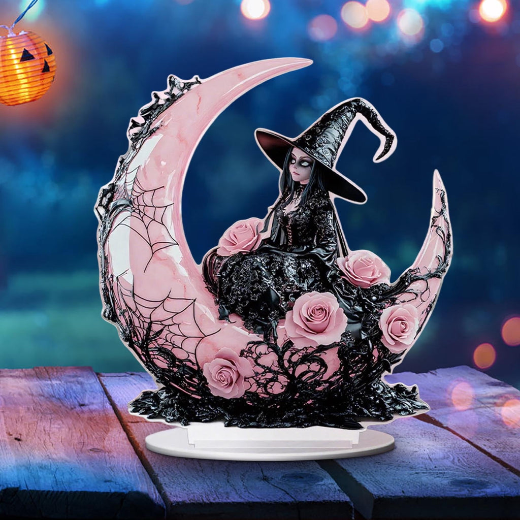 Mauxuk Halloween Black Witch Acrylic Decor - Gothic 2D Tabletop Centerpiece for Spooky Party, Haunting Mantel Decor, Gift for Horror Fans, 8-Inch Tall with Stand