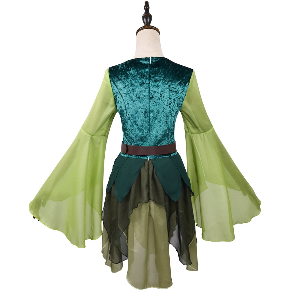 GOBWCOT Women's Elf Costume, Medieval Green Magic Elf Dress with Wings and Ears, Halloween Party Outfit Set