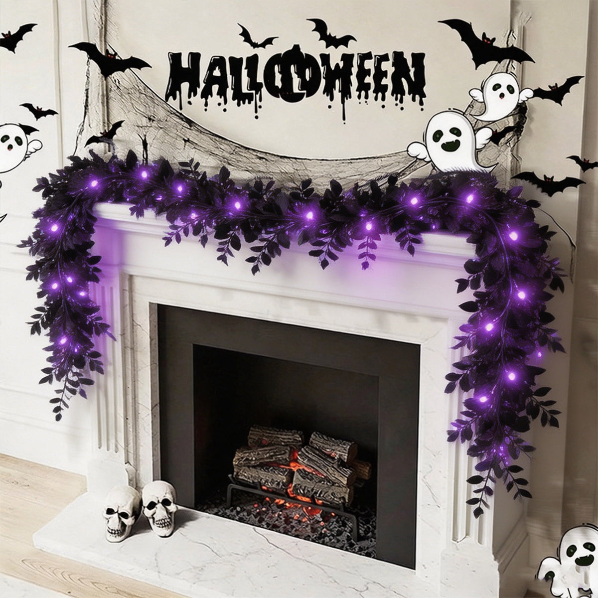 Halloween Garlands with Lights, 5.8 Ft Black Eucalyptus Garlands, Artificial Hanging Plants Vines, Faux Ferns Plant Fake Leaves Ivy Flowers Garlands for Garden Home Party Halloween Decorations Indoor