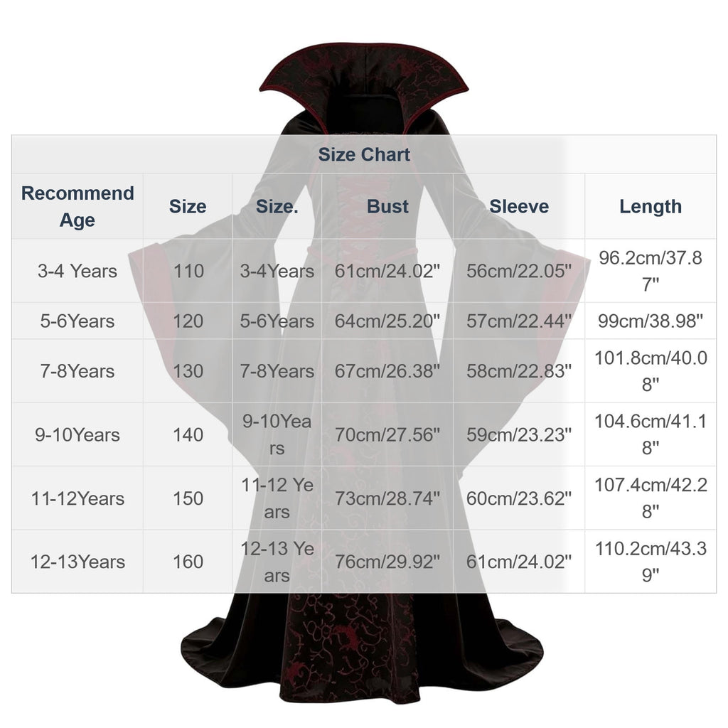 DxhmoneyHX Girls Halloween Vampire Costume Medieval Gothic Long Flared Sleeve Witch Dress Classic Outfit for Festival Party 3‑13 Years