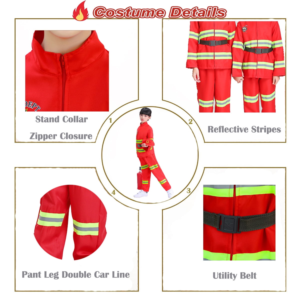8Pcs Red Kids Fireman Costume Dress-up Set Pretend Role Play Firefighter Realistic Outfit Kit Gift Toys for Boys 3-6 Years Toddler Birthday Christmas Present