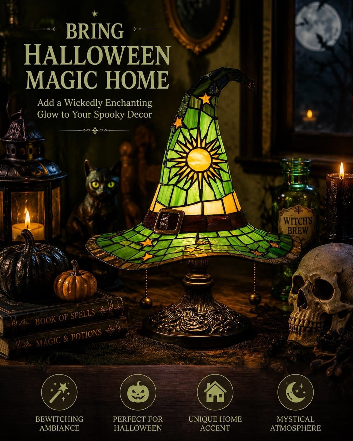 Clearance Halloween Table Lamp Decorations, Witch Hat Lamp Gifts - Handcrafted Retro Resin Witch Lamp, USB Powered Gothic Wizard Hats Night Light, Home Decor Accent Lamps for Bedroom
