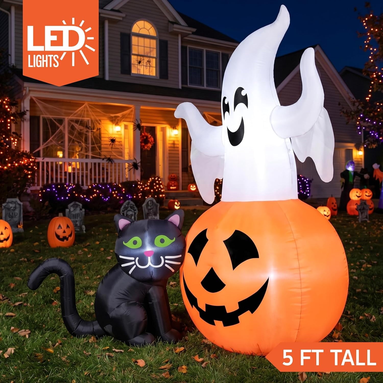 Joyfy 5ft Halloween Inflatables Light up Cute Ghost,Blow Up Ghost Lift Pumpkin Candy Bag with Build-in LEDs for Yard Decorations