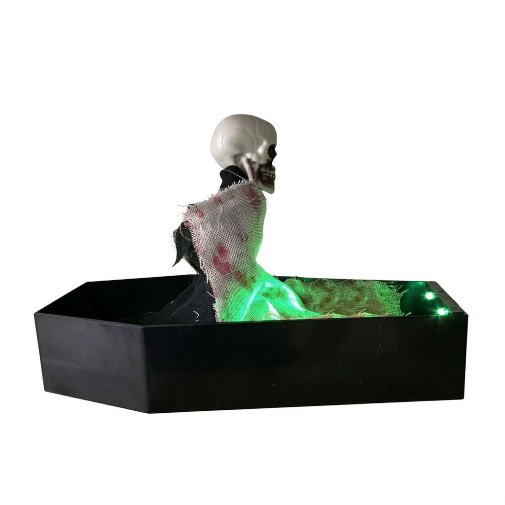 Halloween Animated Coffin Decoration, Rising Skeleton Skull Prop with LED Lights Motion Effect, Creepy Graveyard Horror Decor for Indoor Outdoor Party Tabletop Hau*nted Hous Display