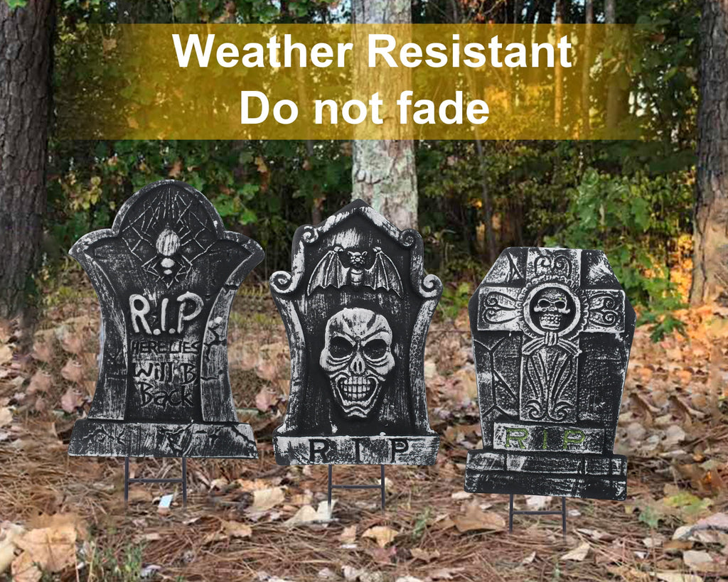 Gamexcel 3-Pack Large 17" Halloween Foam RIP Tombstones with Stakes - Graveyard Lawn Decorations for Spooky Haunted House Decor
