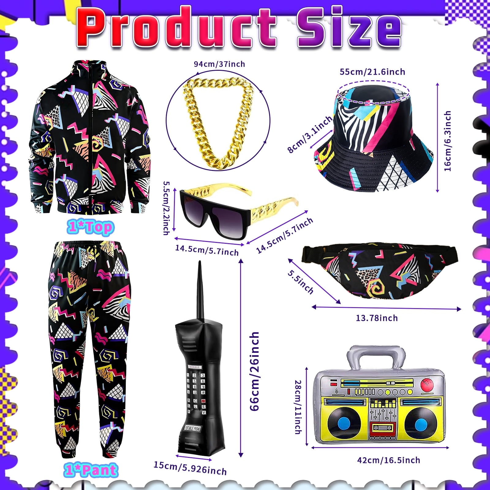 GYQMBT 80s 90s Men's Sportswear, Party Hip Hop Windbreaker 90s Disco Sportswear, 80s Adult Bizarre Costume 8 Piece Set, Black, M