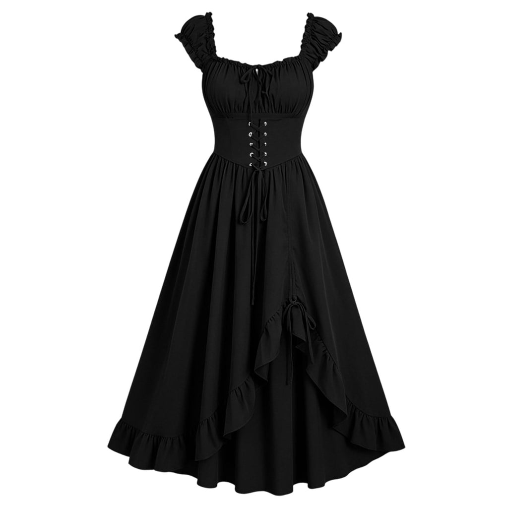 Gothic Dresses for Women Medieval Renaissance Halloween Costume Lace Up Corset High Low Ruffle Hem Square Neck Vintage Gown