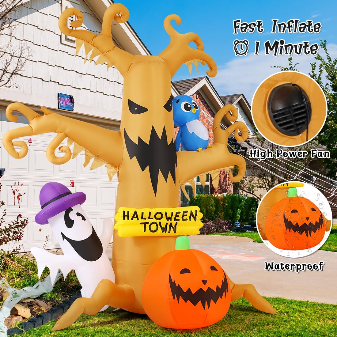 GOOSH Halloween Inflatables 8 FT Halloween Inflatable tree with Ghost Pumpkin and Owl, Halloween Dead Tree Decorations Scary Halloween Decorations with Built-in Lights for Halloween/Holiday/Party