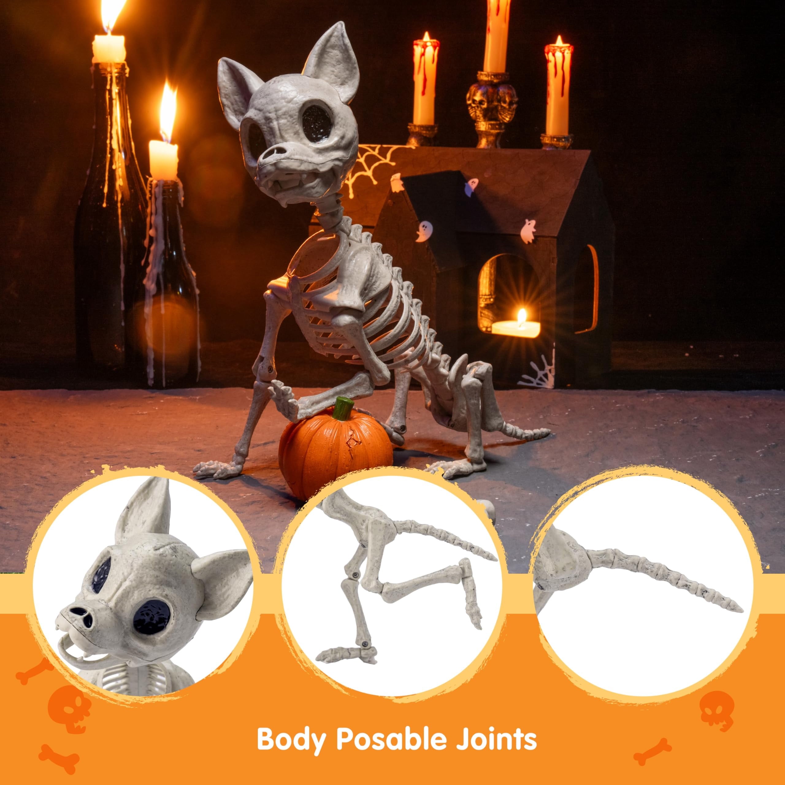 Joyfy 9.8 Inch Halloween Skeleton Dog Skeleton Halloween Decor,Pose-N-Stay Plastic Skeleton Bones with Posable Joints for Hallowmas Decoration Outdoor Haunted House Party