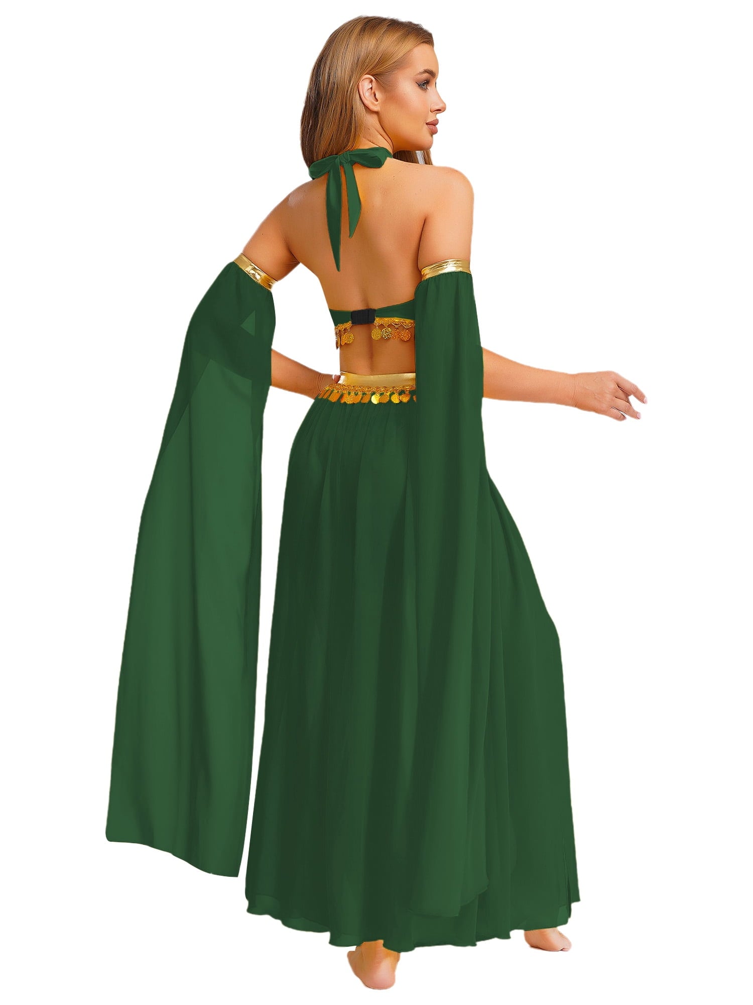 iiniim Women Belly Dance Dress Arabian Greek Princess Halloween Costume Chiffon Skirts 4piece Outfit Green L