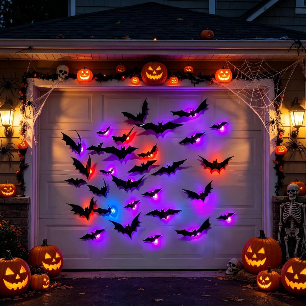 CQHVKQ 60 PCS Halloween Bats Decorations, Realistic 3D LED Bats Wall Stickers Decor, Assorted Size Removable Lighted PVC Bats DIY Wall Sticker for Halloween Party, Bedroom, Home, Indoor and Outdoor