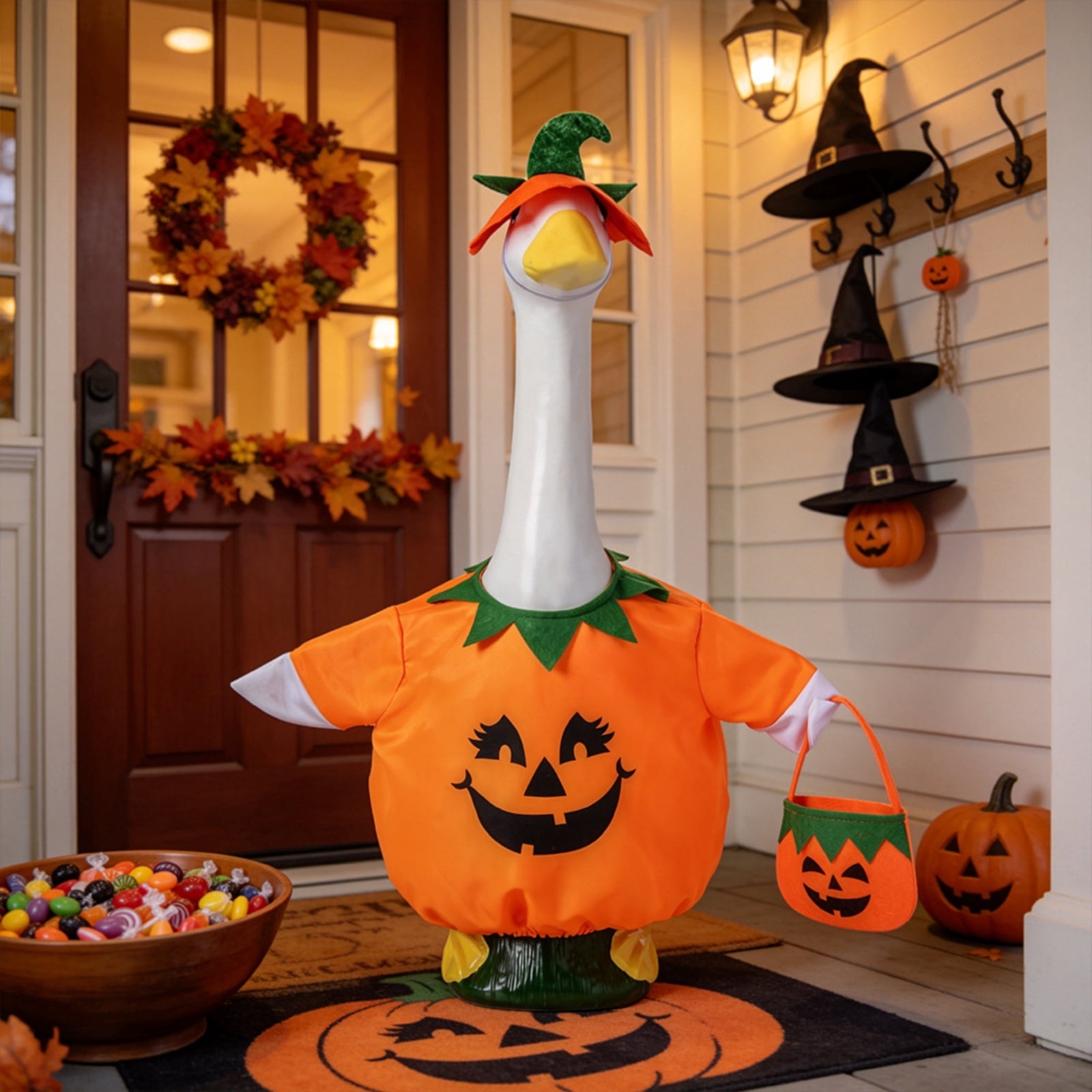 Outdoor Holiday Yard Decor, 23 Inch Porch Goose Outfits, Halloween Pumpkin Themed Porch Goose Clothes, Porch Goose Set with Hat and Treat Bag, Fits Standard 23 Inch Large Porch