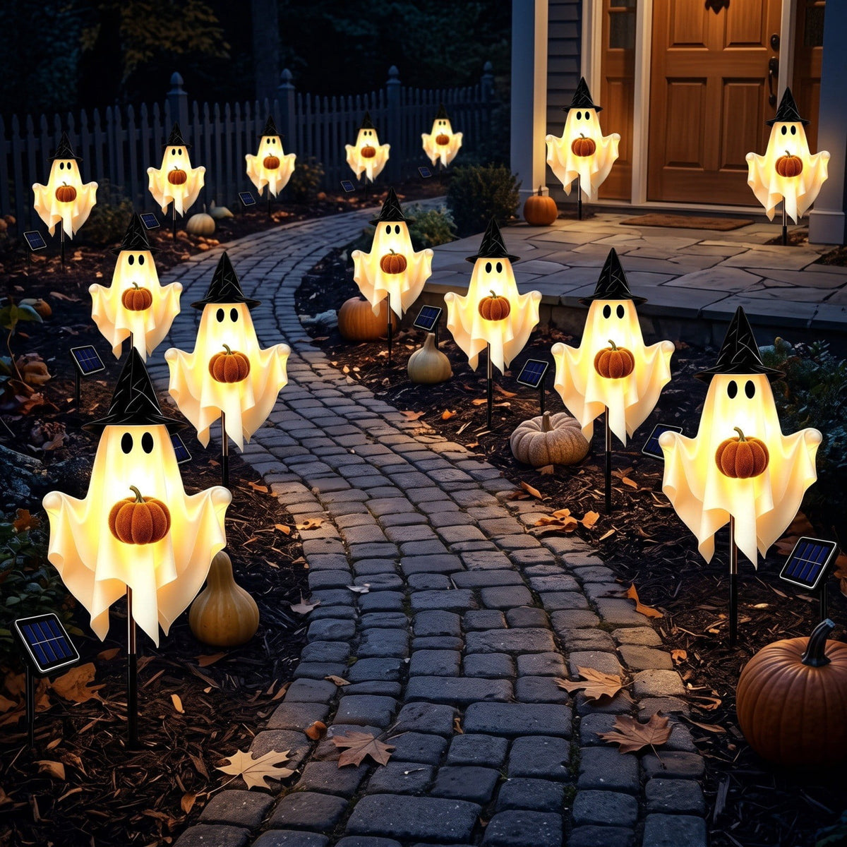1-Pack Halloween Solar Lights with 8 Lighting Modes - Light Up Ghost Decorations for Outdoor, Witch Hat With Dimensional Pumpkin Halloween Ghost Path Lights