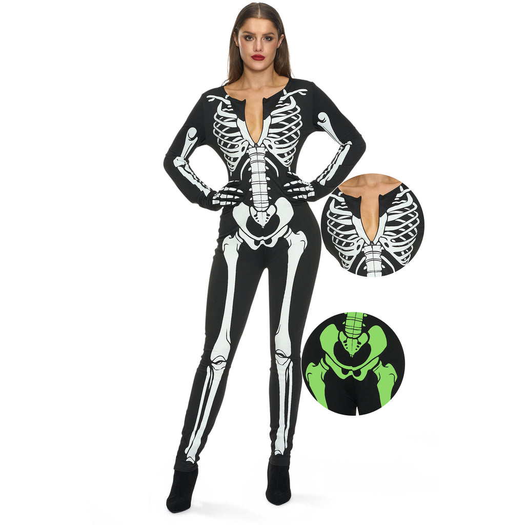 Joyfy Glow in the Dark Skeleton Costume for Adults Women Halloween Dress Up Party Role Playing Cosplay