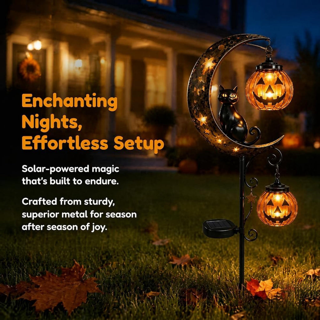 Clearance 35" Halloween Solar Pumpkin Moon Garden Stake Light with Black Cat Outdoor Waterproof LED Yard Decoration Hanging Jack-o'-Lantern for Garden, Patio, Walkway, Porch (C)