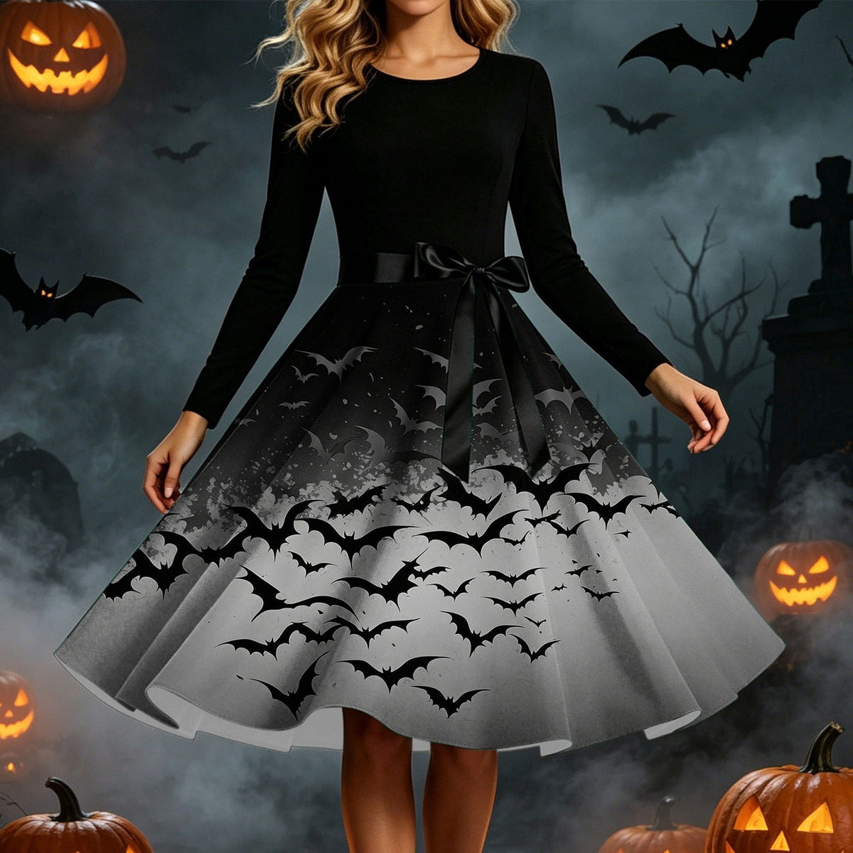 Women's Vintage Halloween Bat Print Swing Dress Long Sleeve 1950s Retro A-Line Midi Dresses with Satin Sash Belt for Gothic Cosplay Evening Prom Party