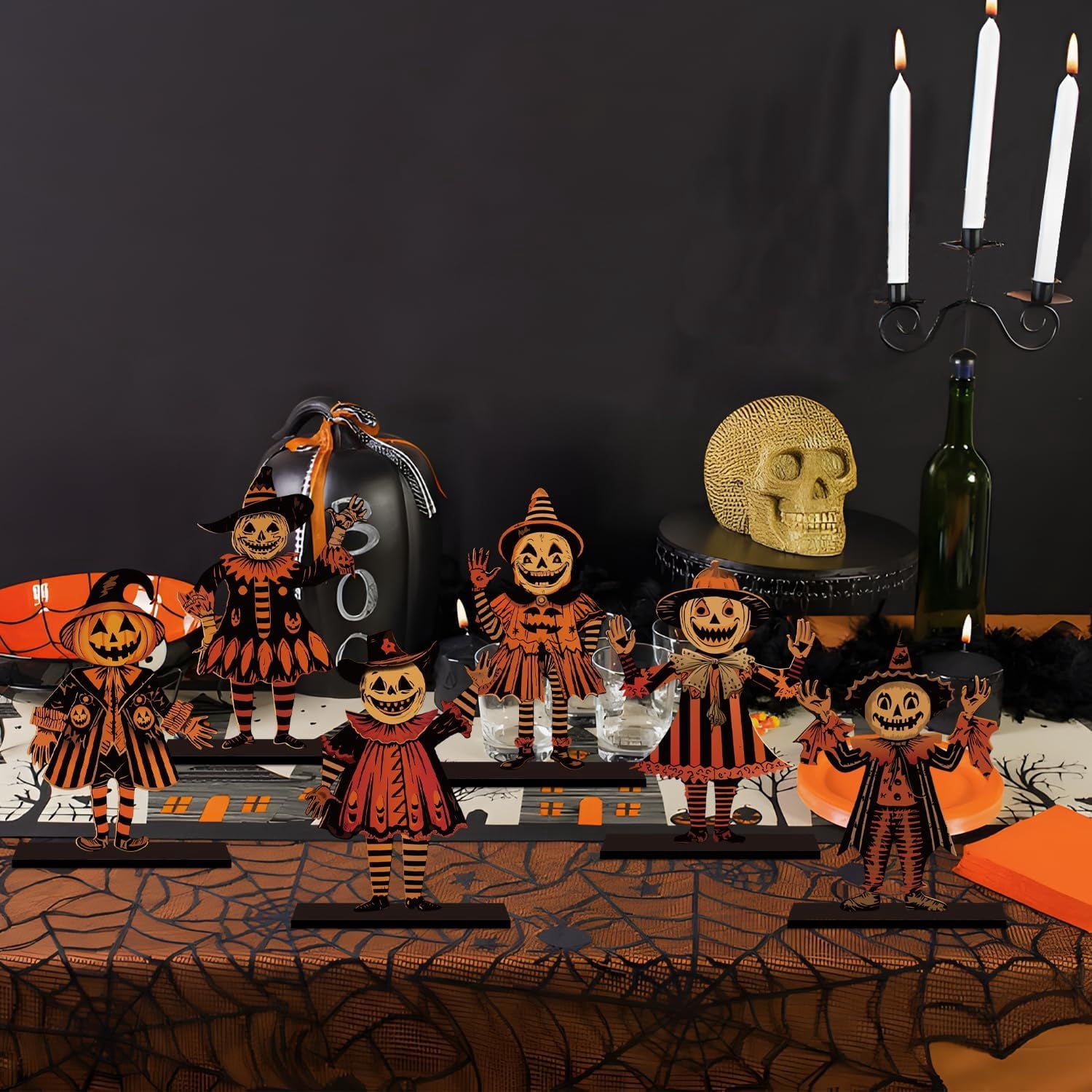 Lanfubeisi 6pcs 6.3x4.2inch Vintage Halloween Decor Wood Table Centerpieces Horror Spooky Scarecrow Pattern Vintage Halloween Decorations Party Table Centerpieces for Home