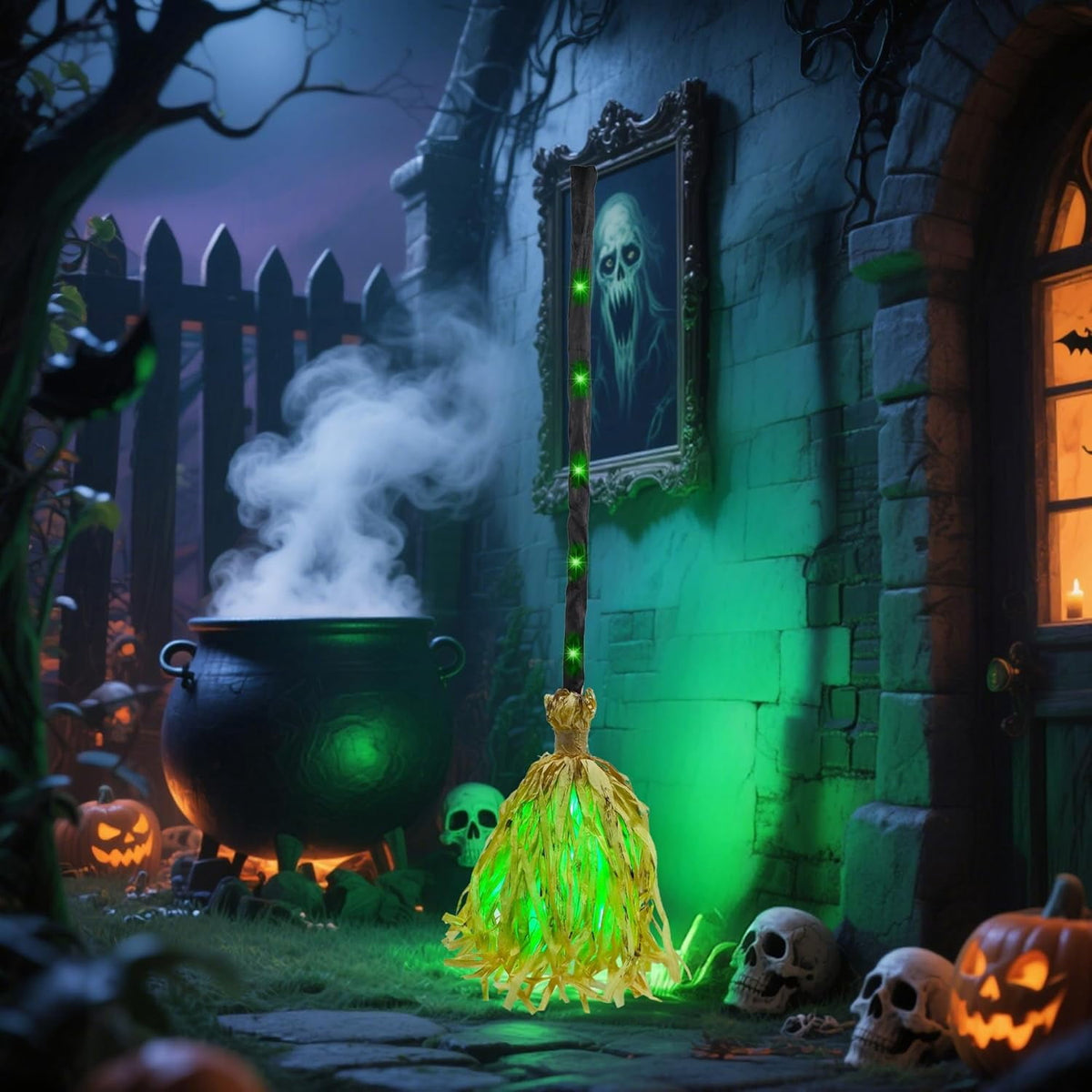 Anmrize 35" Animated Witches Broom Halloween Decor Magic Witch Broomstick | Moving, Sound/Touch Activated, Light up, Spooky Sounds, Dancing, for Indoor & Outdoor Porch, Halloween Party Decorations