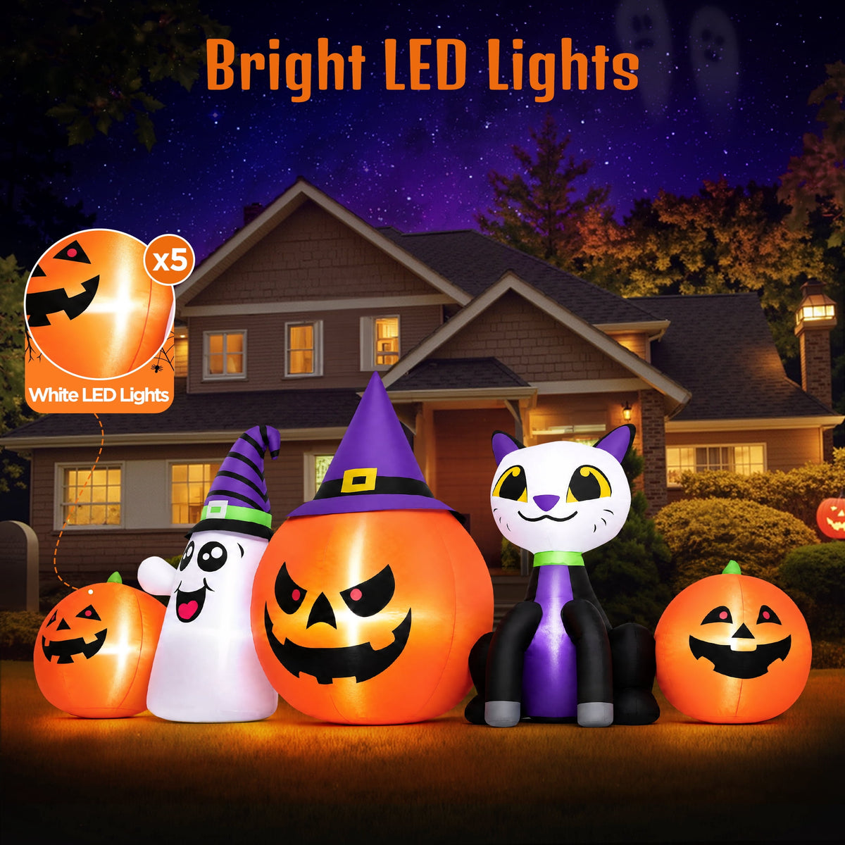 Firstness 8FT Halloween Inflatable Pumpkins Ghost Cat with Lights,Blow ups Outdoor Decorations for Yard