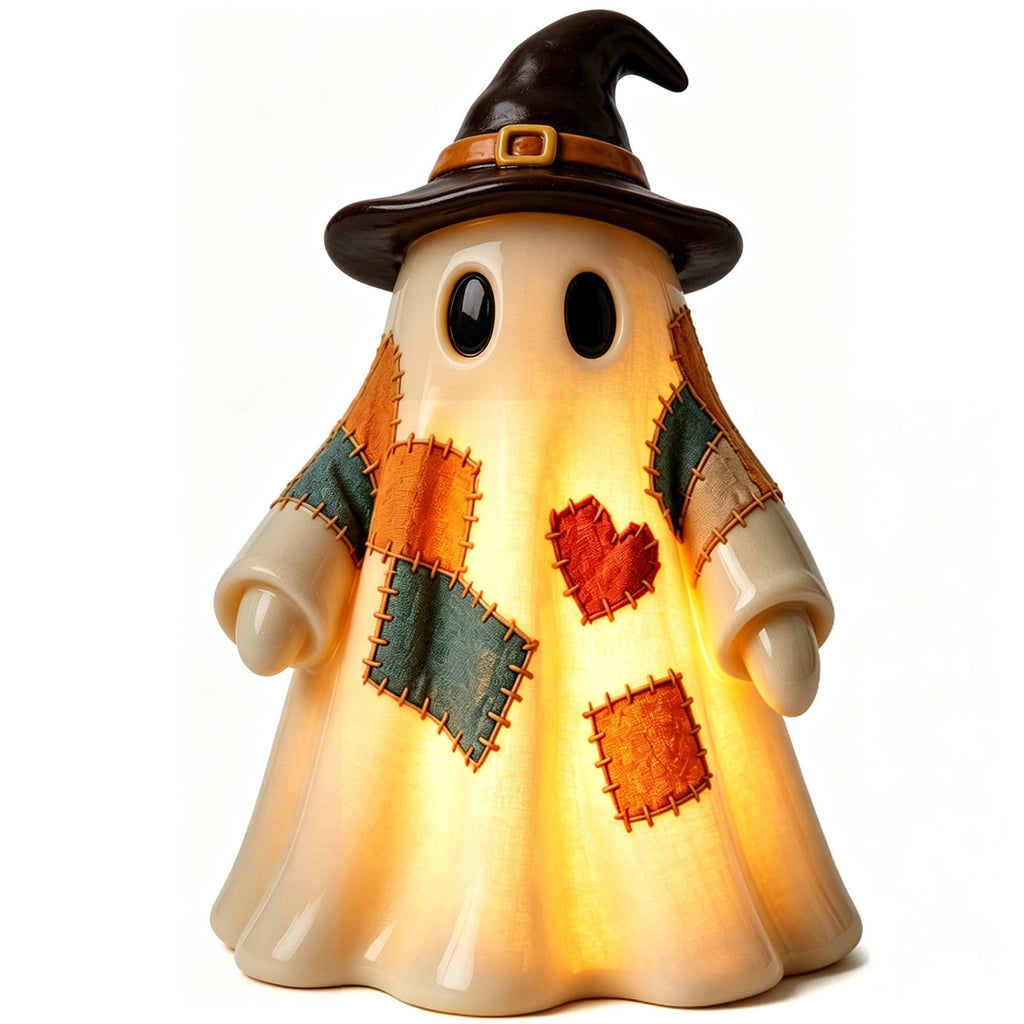 Lighted Vintage Patchwork Ghost, Rustic Farmhouse Halloween LED Light Up Ghost with Pumpkin Lantern, Spooky Cute Fall Decor for Mantel, Shelf, Tiered Tray, Entryway Porch Tabletop