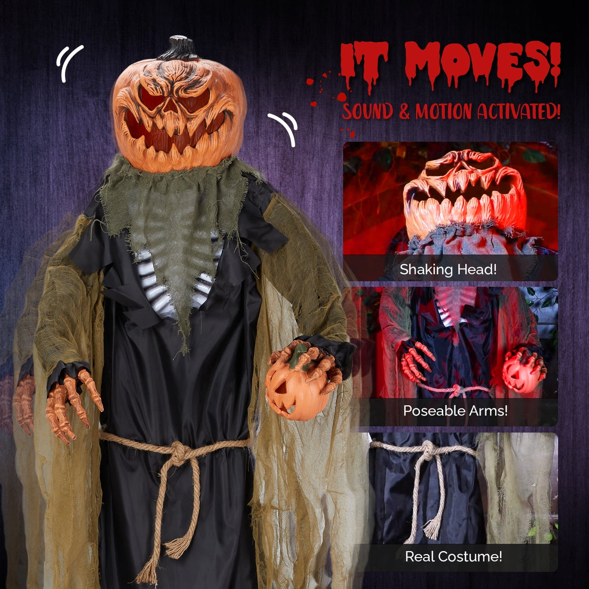 7ft Pumpkin Man Animated Animatronic Decoration Creepy Halloween w/ Pre-Recorded Screaming Ktaxon