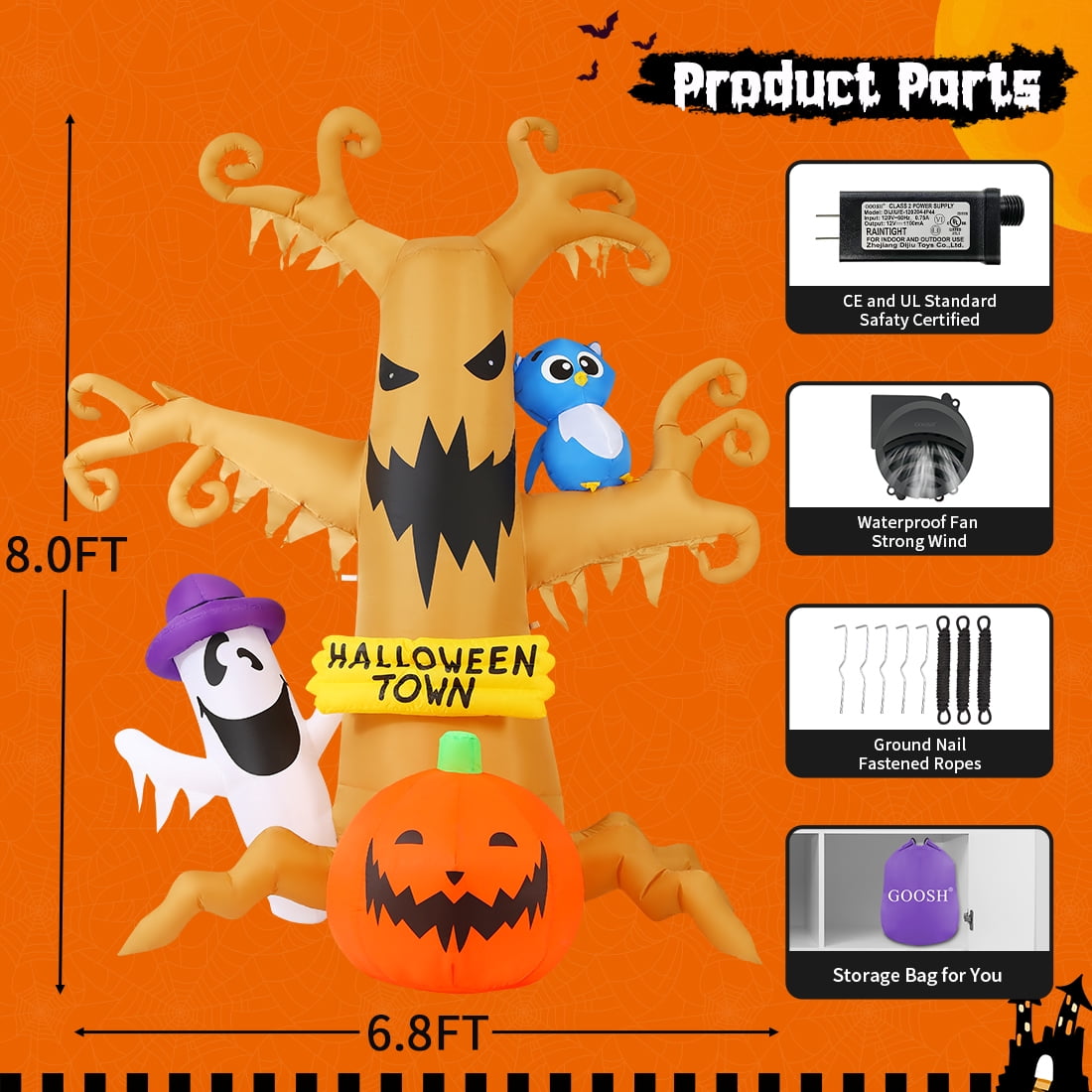 GOOSH Halloween Inflatables 8 FT Halloween Inflatable tree with Ghost Pumpkin and Owl, Halloween Dead Tree Decorations Scary Halloween Decorations with Built-in Lights for Halloween/Holiday/Party