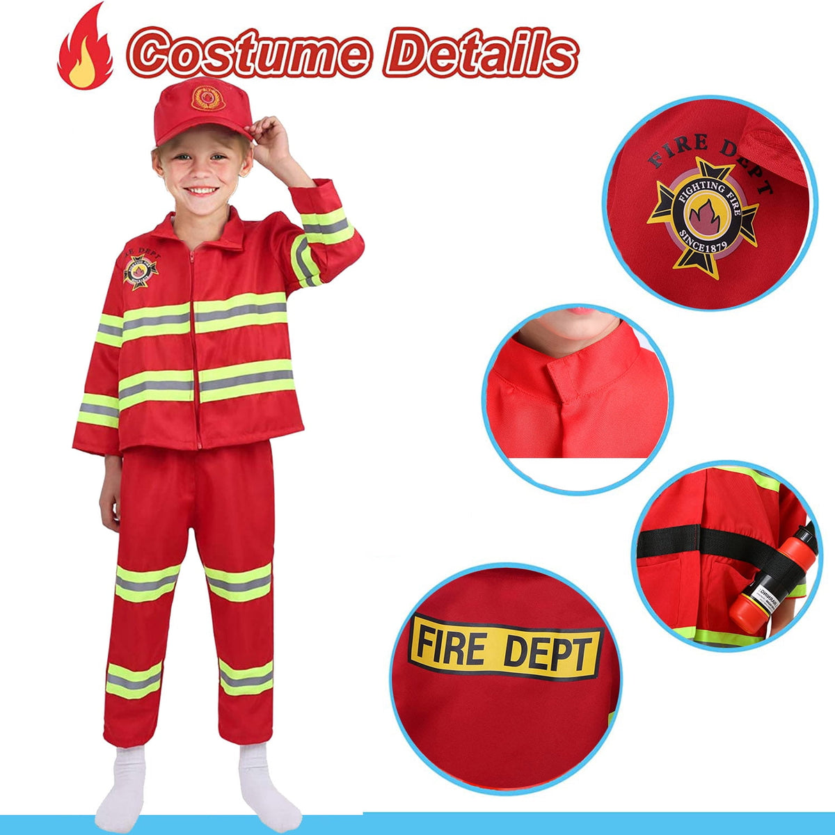 NimJoy Fireman Halloween Costume Dress-up Set Pretend Role Play Firefighter Realistic Outfit Kit Preshool Toy for Boys 3-6 Years Toddler Birthday Christmas Present, 8Pcs Red