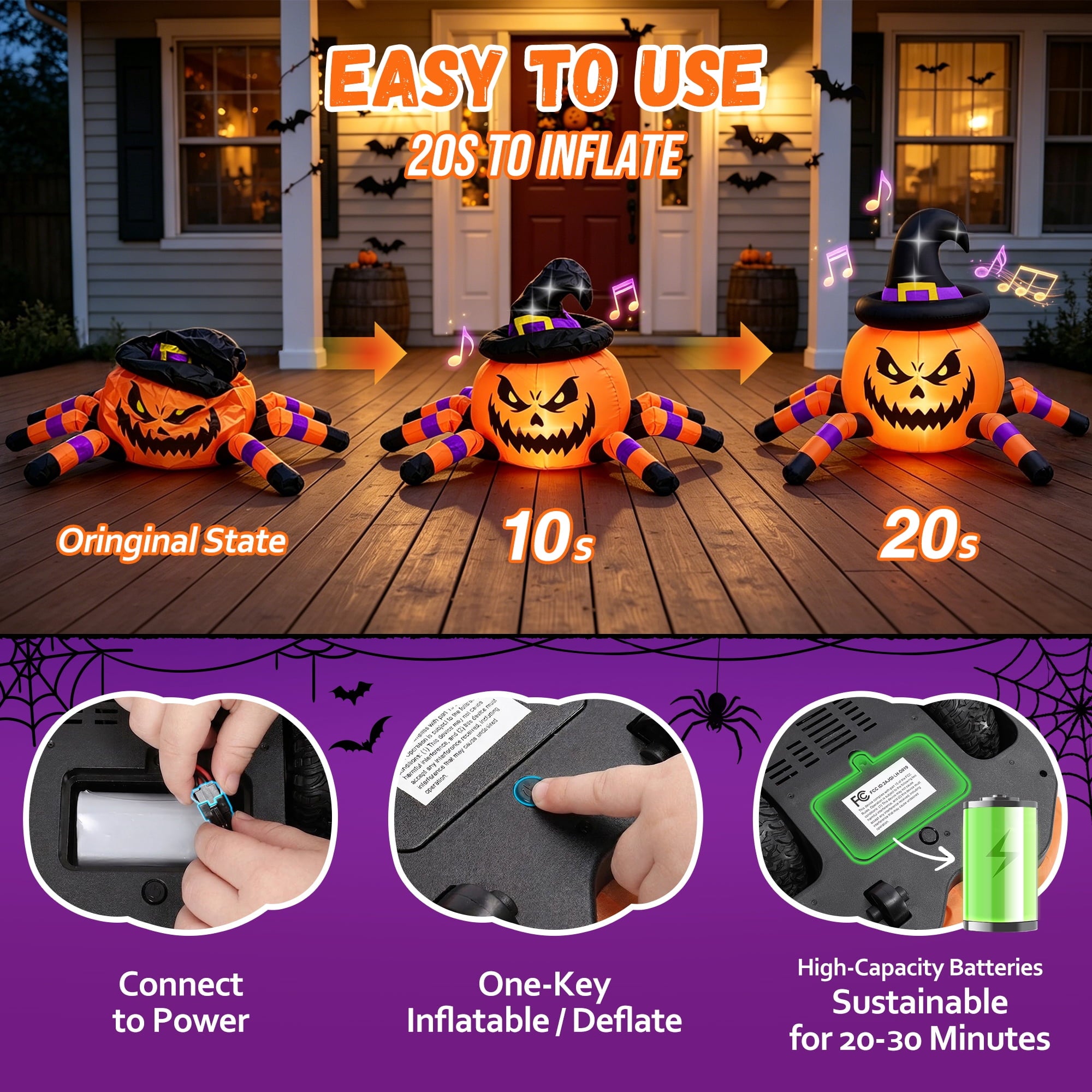 Firstness 2.6ft Remote Control Halloween Inflatable with Music Lights,Pumpkin Spider Car Blow ups Rc Car,Indoor Outdoor Decorations