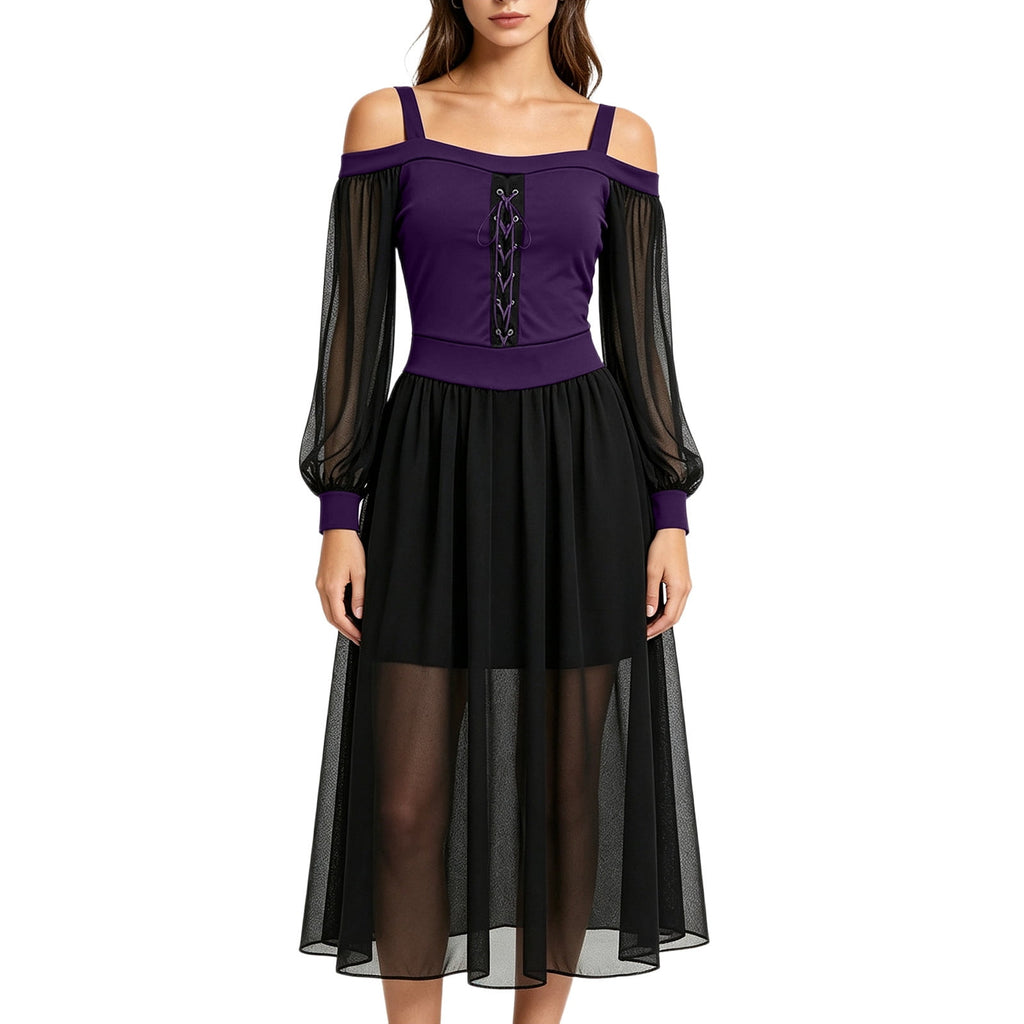 JOANKDMI Women's Gothic Midi Dress Elegant Vampire Costume Cold Shoulder Sheer Long Sleeve Lace-up Corset for Roleplay Halloween Party Outfit Chic, S-3XL