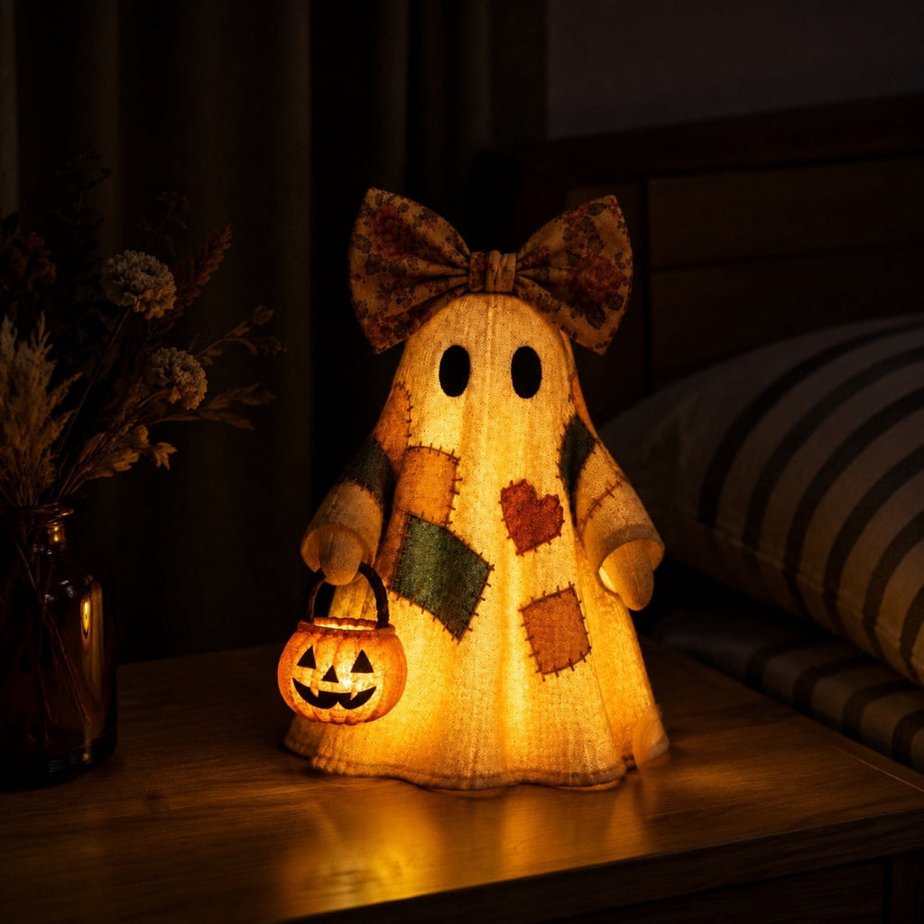 Lighted Vintage Patchwork Ghost, Rustic Farmhouse Halloween LED Light Up Ghost with Pumpkin Lantern, Spooky Cute Fall Decor for Mantel, Shelf, Tiered Tray, Entryway Porch Tabletop
