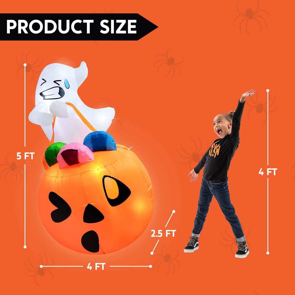Joyfy 5ft Halloween Inflatables Light up Cute Ghost,Blow Up Ghost Lift Pumpkin Candy Bag with Build-in LEDs for Yard Decorations