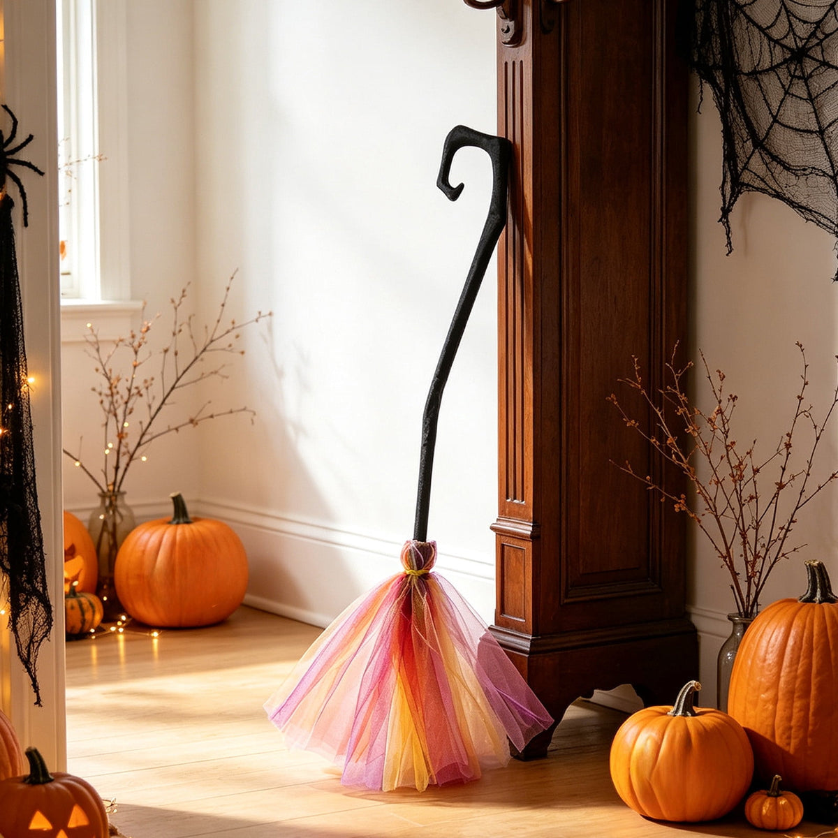 Halloween Witch Broom Cane with Ribbons, 38.2" Witches Broomstick for Wizard Costume Party, Photo Booth Accessory Stage Prop, Halloween Decoration, D