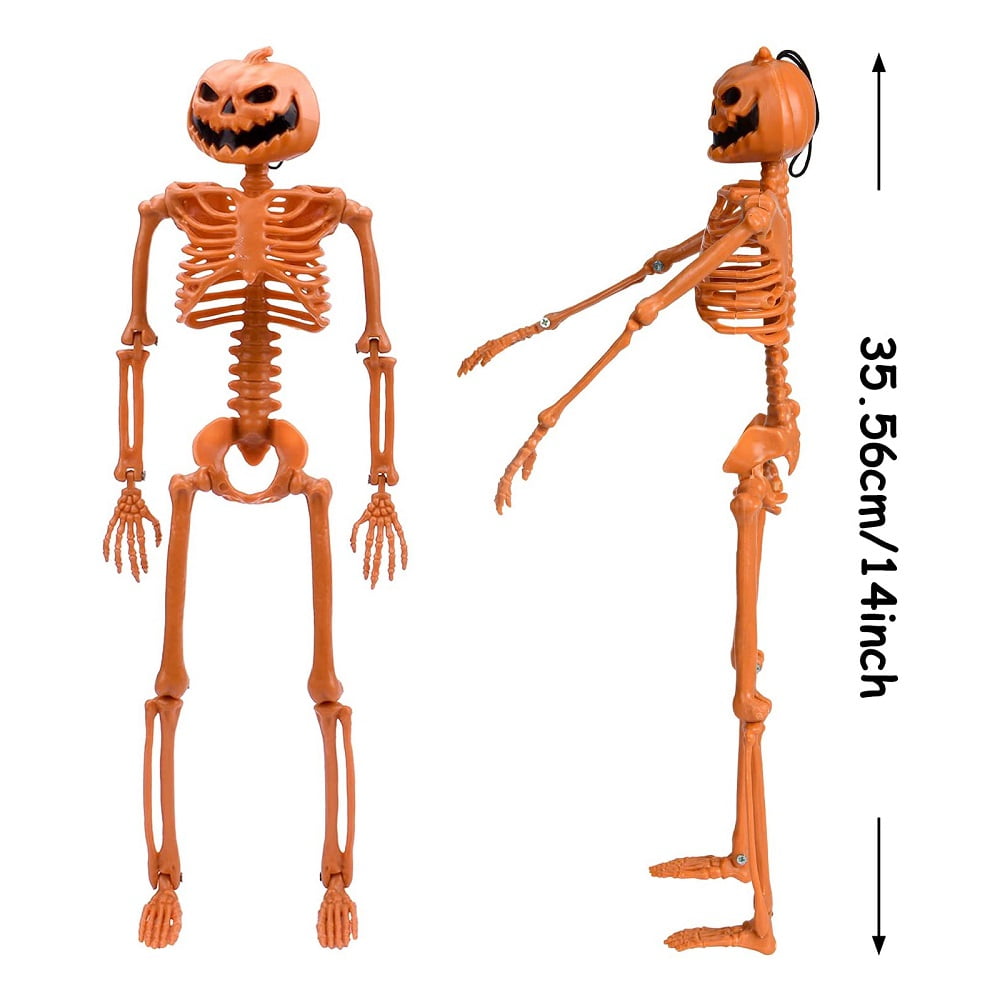 Cool Halloween Decor - 1/2pcs Posable Full Body Thanksgiving Pumpkin Head Skull Skeleton with Movable Joints Mini Figure Toy for Halloween Decoration, 16" Tall, Orange