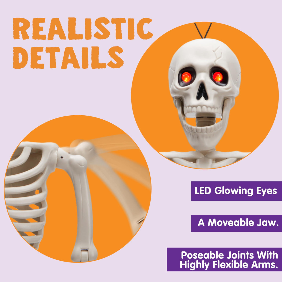 Joyfy 24 Inch Halloween Skeleton Decor with LED Light Eyes,Posable Skeleton Halloween Prop Full Body with Movable Joints for Haunted House Indoor Outdoor Decoration Spooky Decor