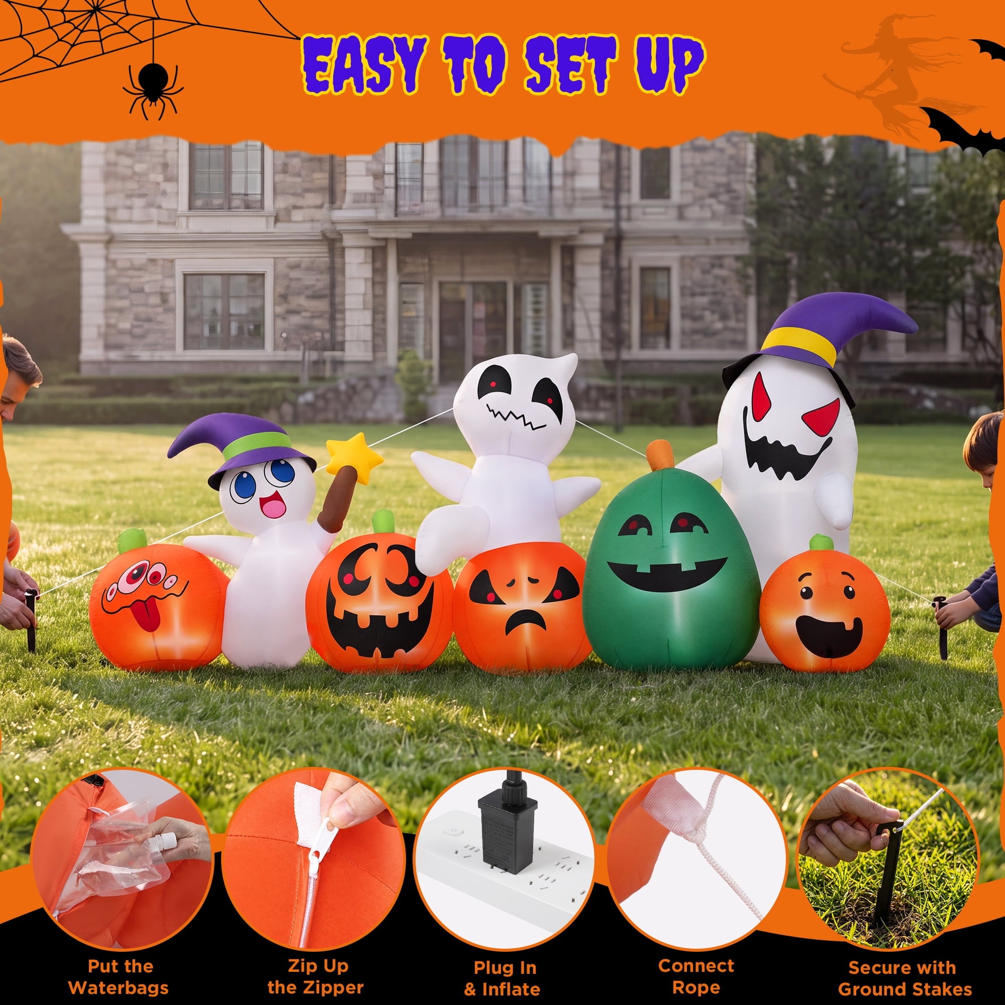 Firstness 7ft Long Halloween Inflatable with Lights,Pumpkin Ghost for Outdoor Decorations