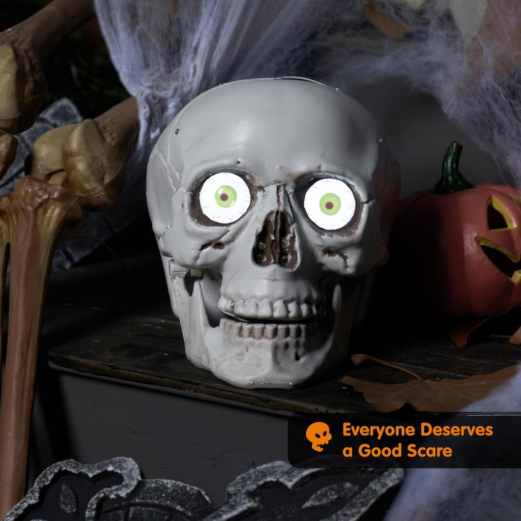 Joyfy Sound Activated Animated Skull Halloween Indoor Decor,LED Light Up Moving Eyeballs Skull Tabletop Ornament,Scary Haunted House Party Desktop Home Decoration Supplies