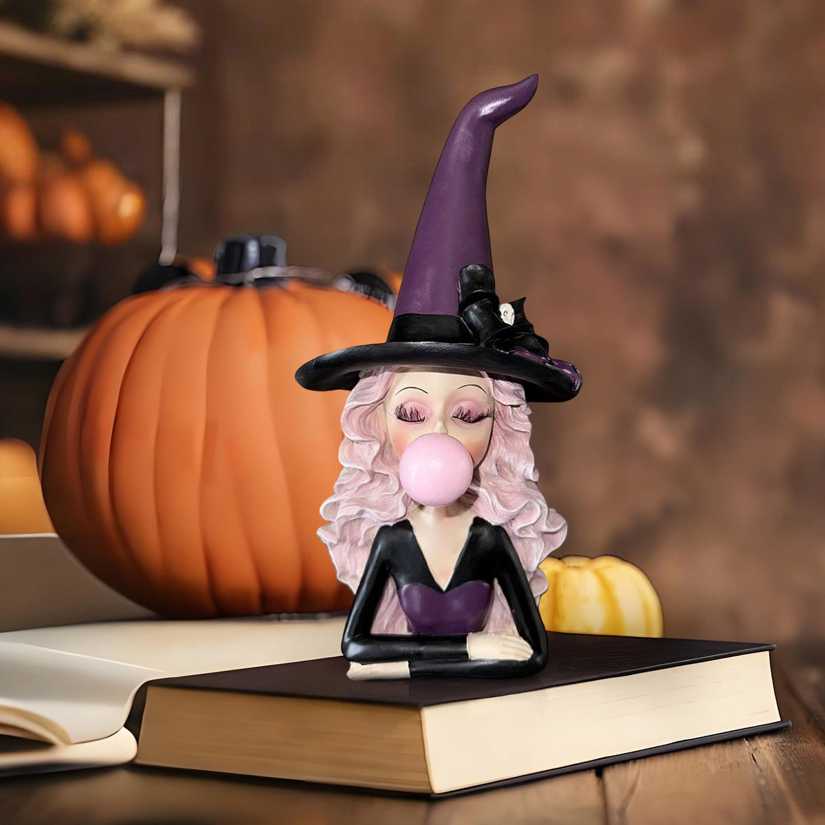 Halloween Decorations Clearance! Cute Kissing‑Face Witch Statue With Bow Hat & Mesh Skirt, Tabletop Ornament for Shelf Indoor Home Halloween Decor